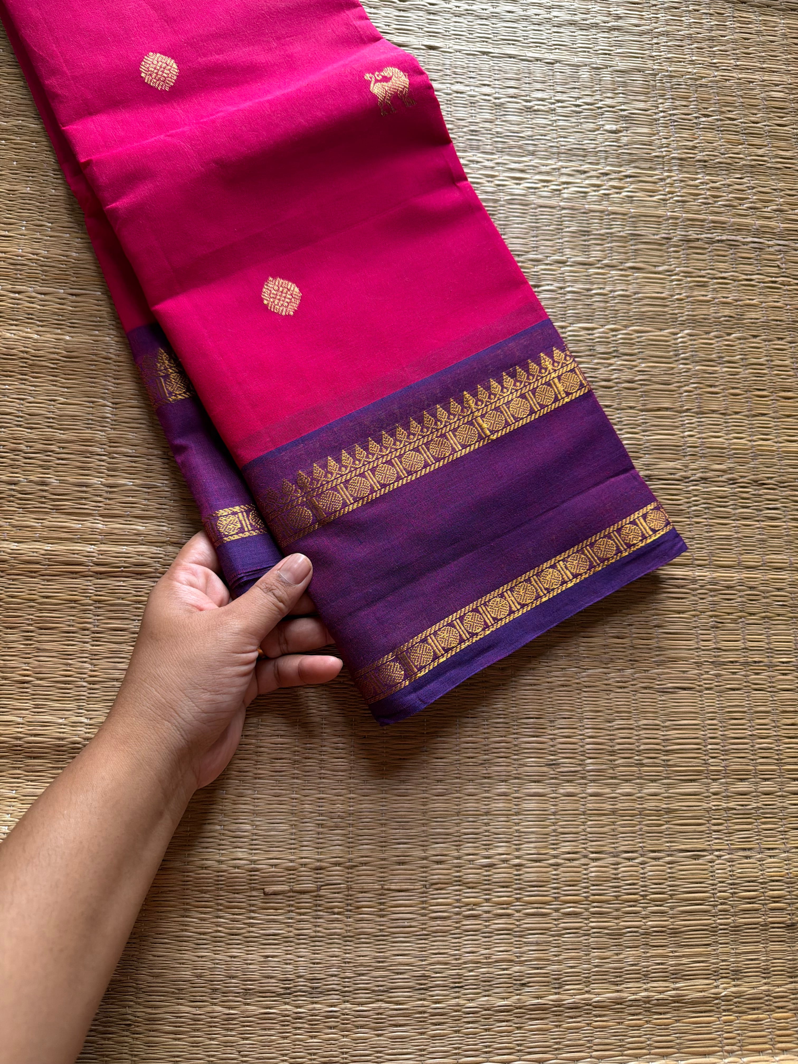 RF1378 Premium 120 count Rich Pallu Kanchi cotton saree with traditional gap border & yazhi pattern buttas ~ Dark Pink