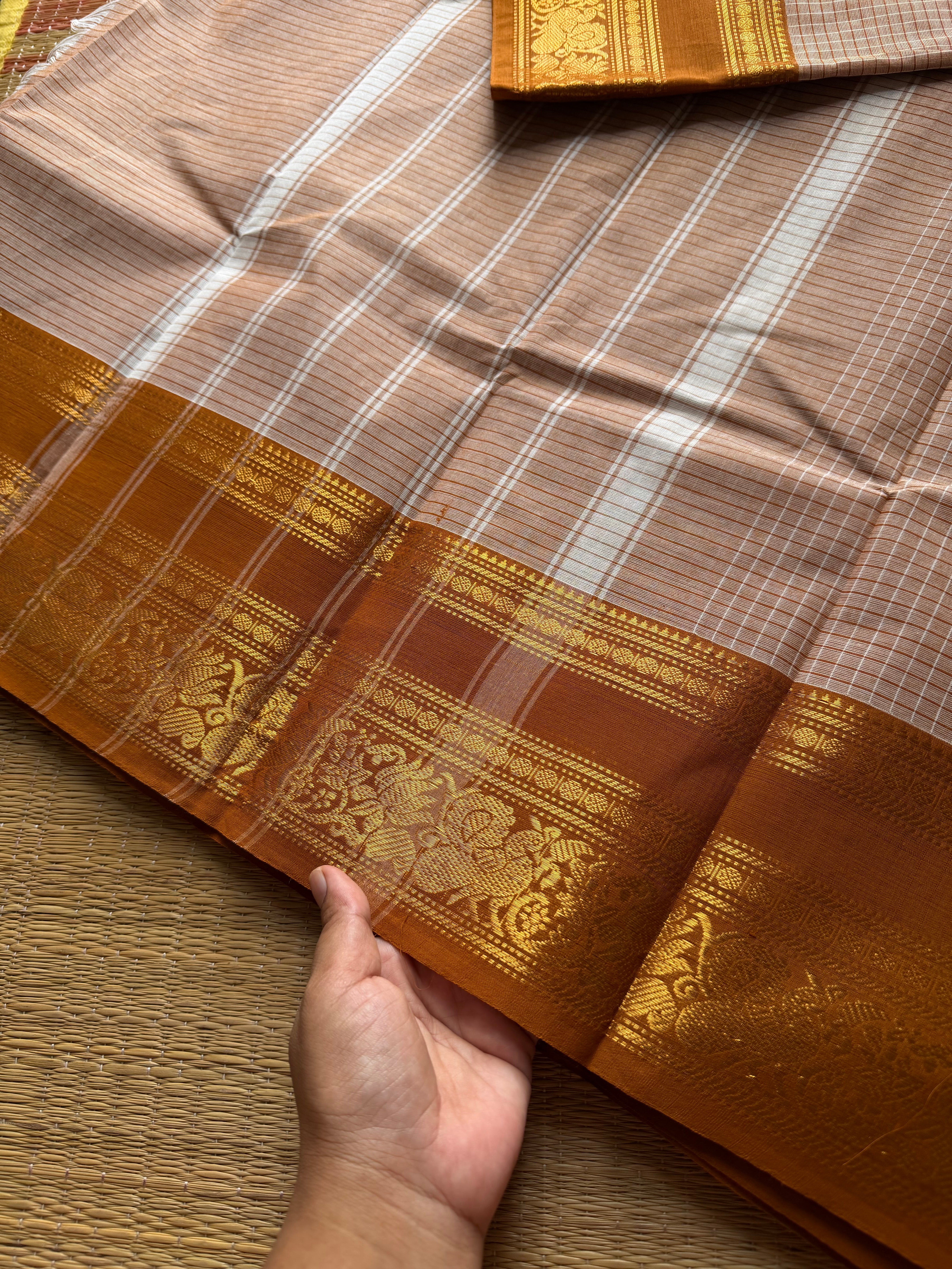 RF987 Beige shade ~ Premium Vintage Kattam / checks Kanchi cotton saree with silk saree inspired annam & floral pattern border