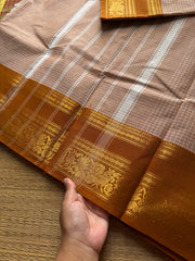 RF987 Beige shade ~ Premium Vintage Kattam / checks Kanchi cotton saree with silk saree inspired annam & floral pattern border