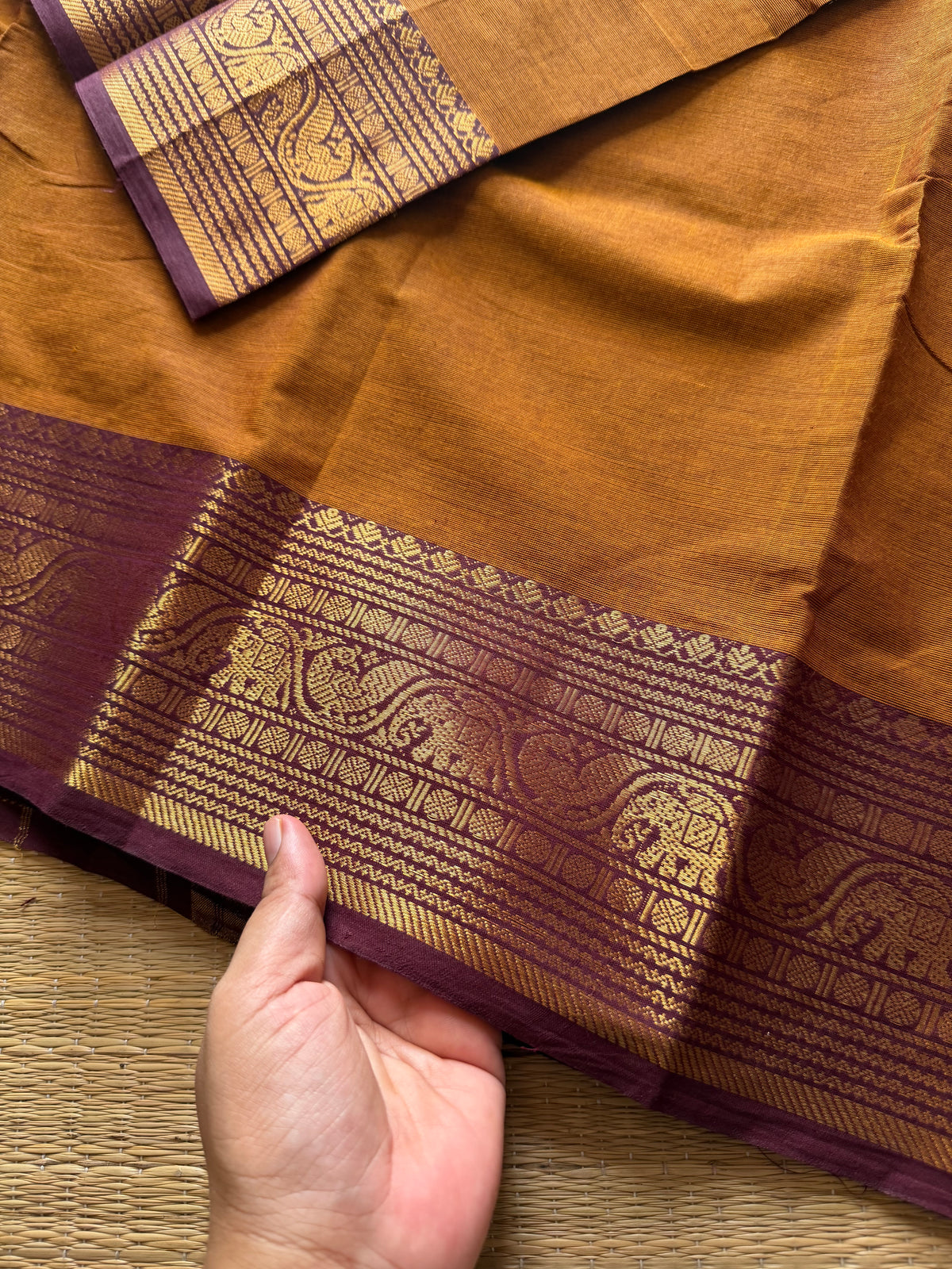 RF291 Dark honey shade with brown combination Kanchi cotton saree with peacock & elephant pattern Zari border