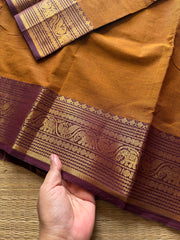 RF291 Dark honey shade with brown combination Kanchi cotton saree with peacock & elephant pattern Zari border