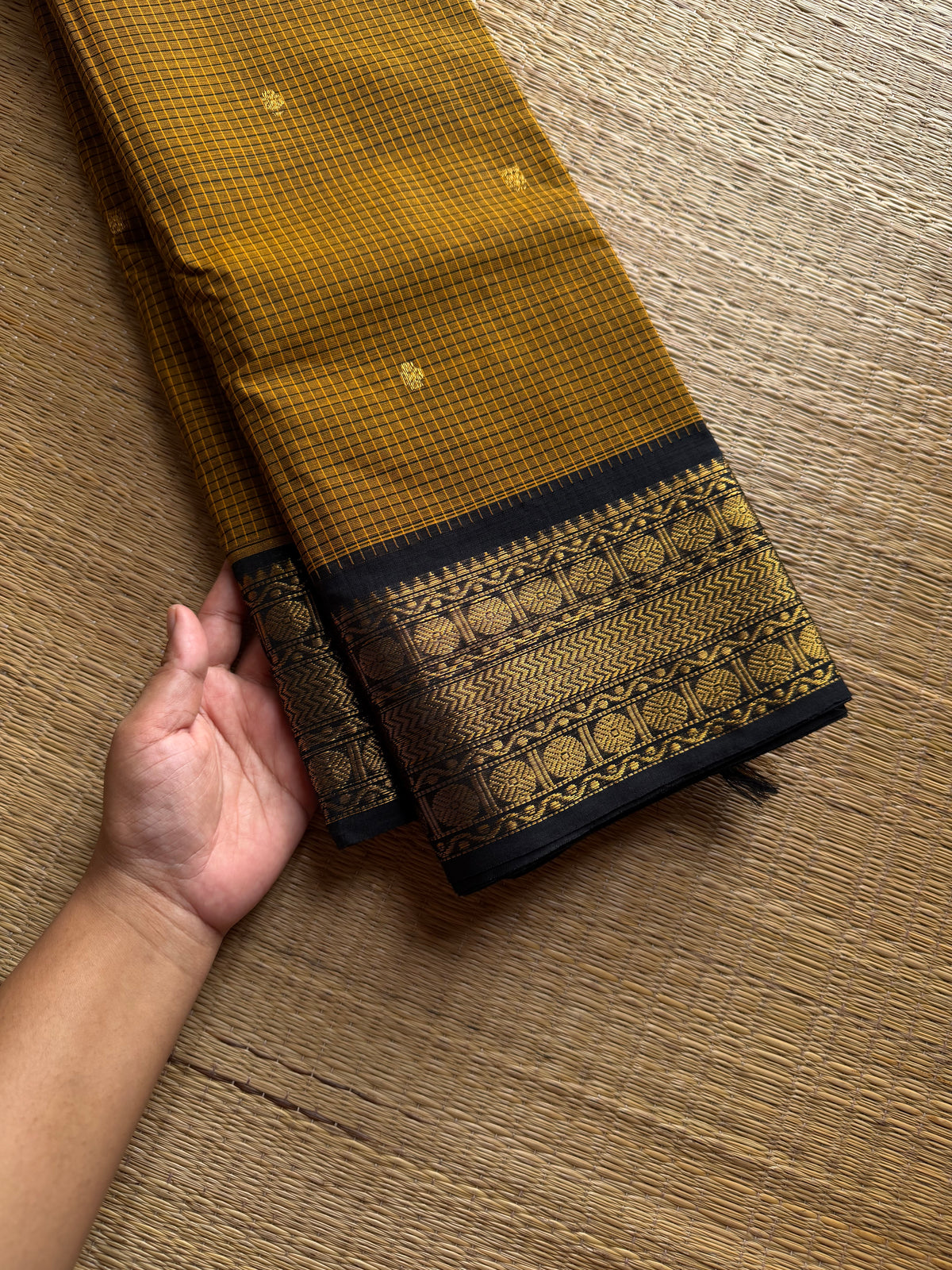 RF1340 Podi Kattam Edition ~ Mustard with black combination Kanchi cotton saree with handmade thread buttas
