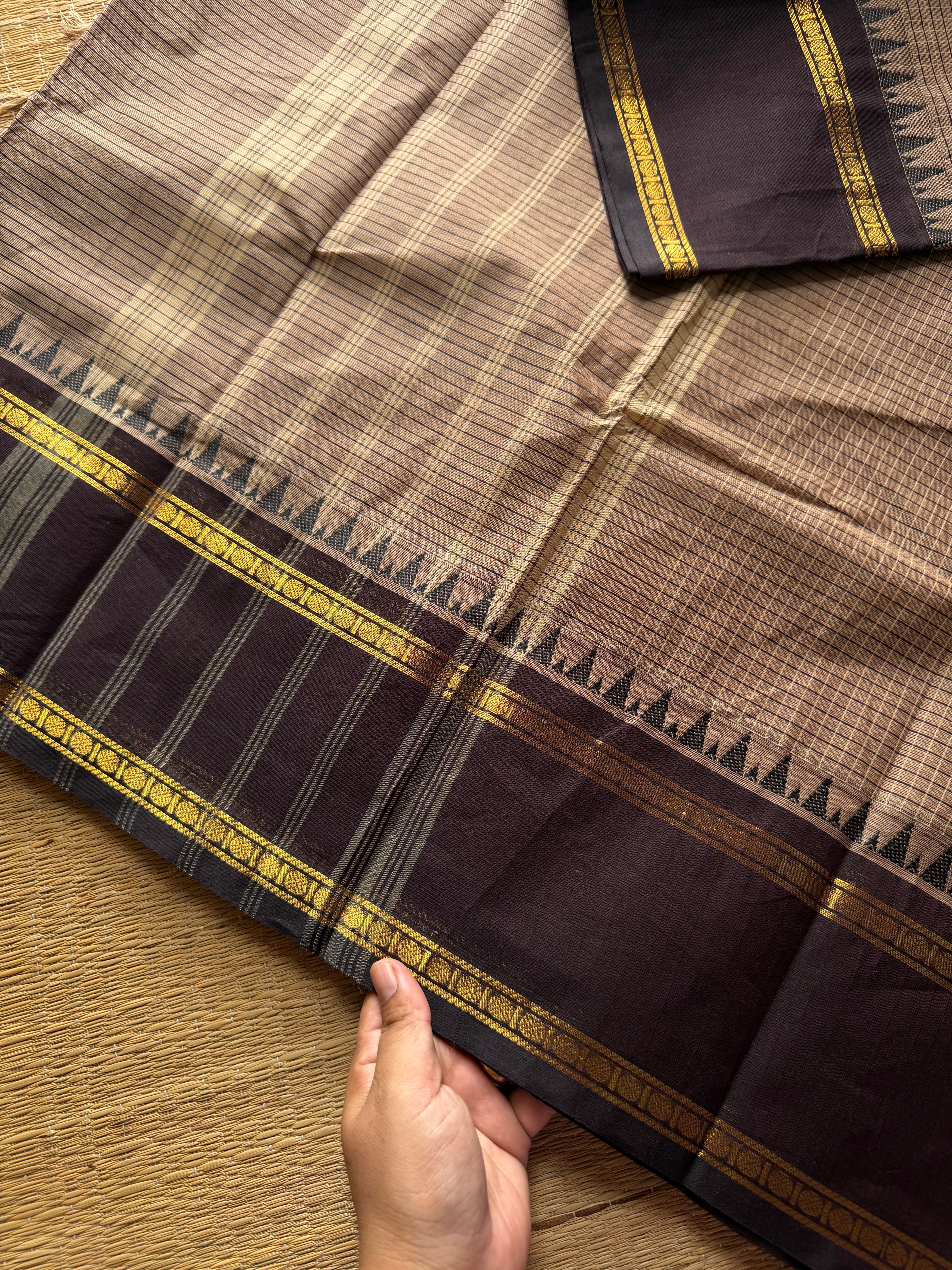 RF496 Light biscuit shade with contrast brown combination vintage Rettapet Podikattam Kanchi cotton saree