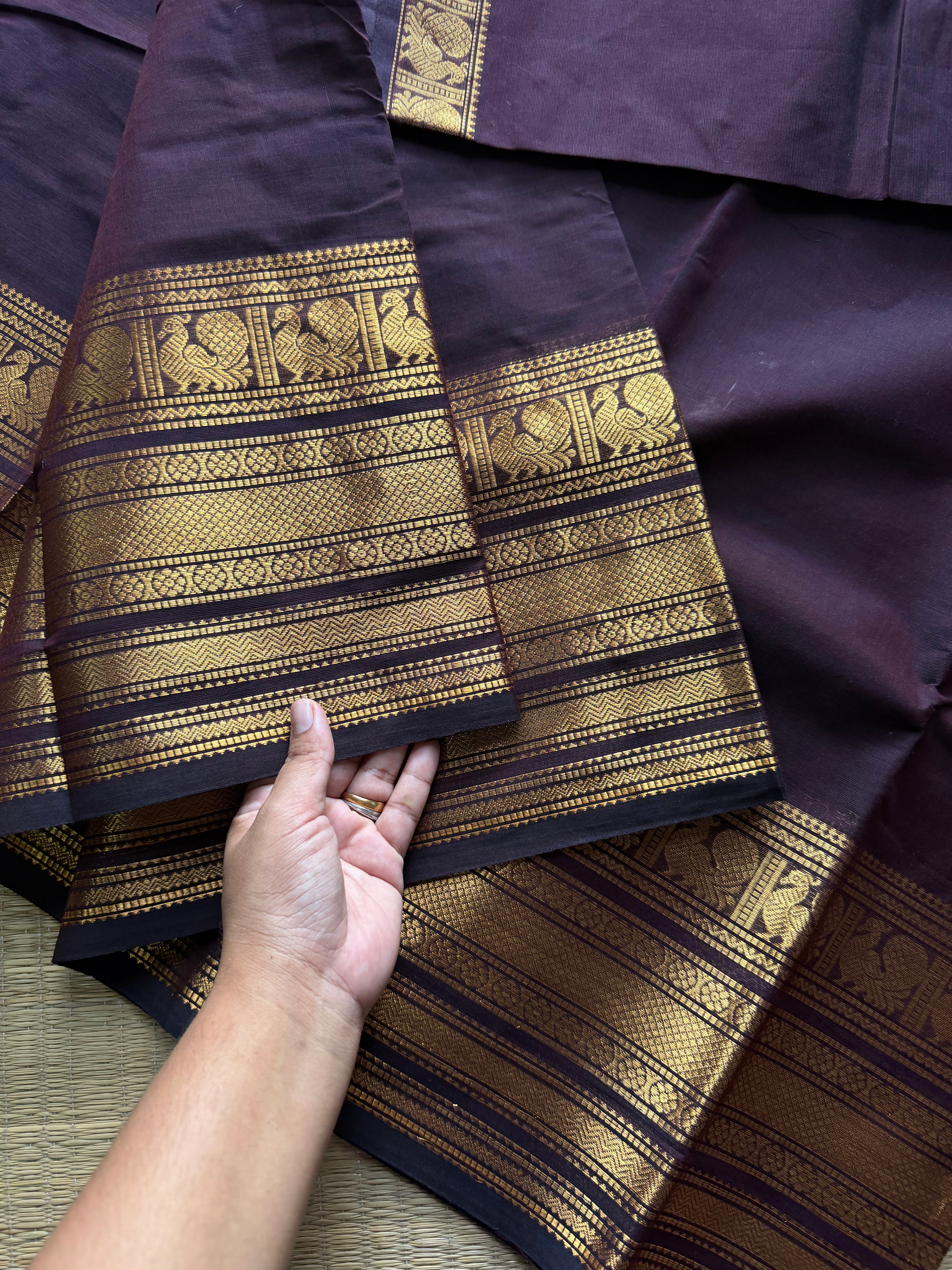 RF714 Silk saree inspired monotone deep coffee brown shade Kanchi cotton saree with Varisaipet golden Zari big / long border