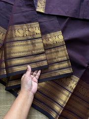 RF714 Silk saree inspired monotone deep coffee brown shade Kanchi cotton saree with Varisaipet golden Zari big / long border