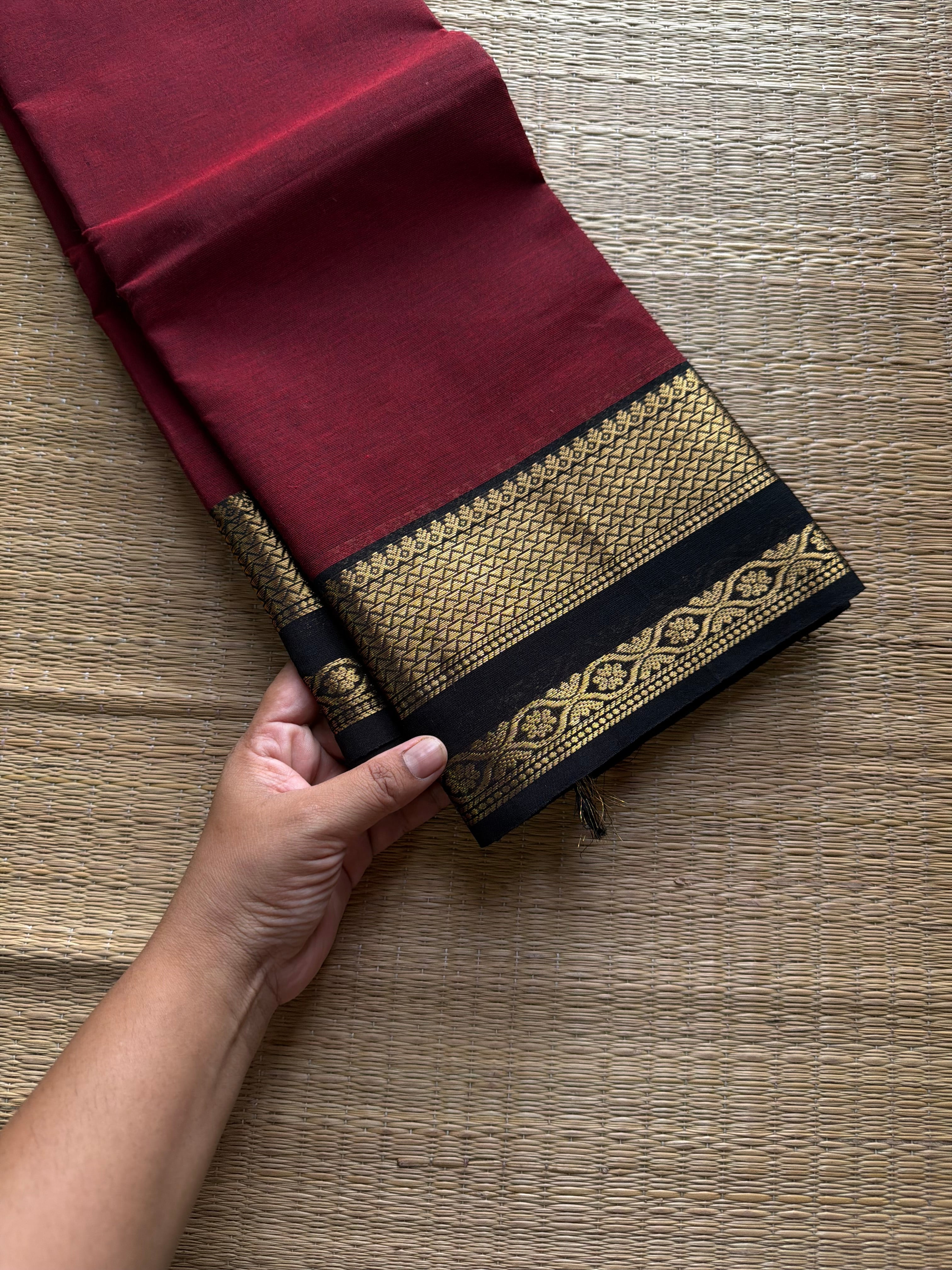 RF1150 Reddish maroon with black combination Kanchi cotton saree with medium size border