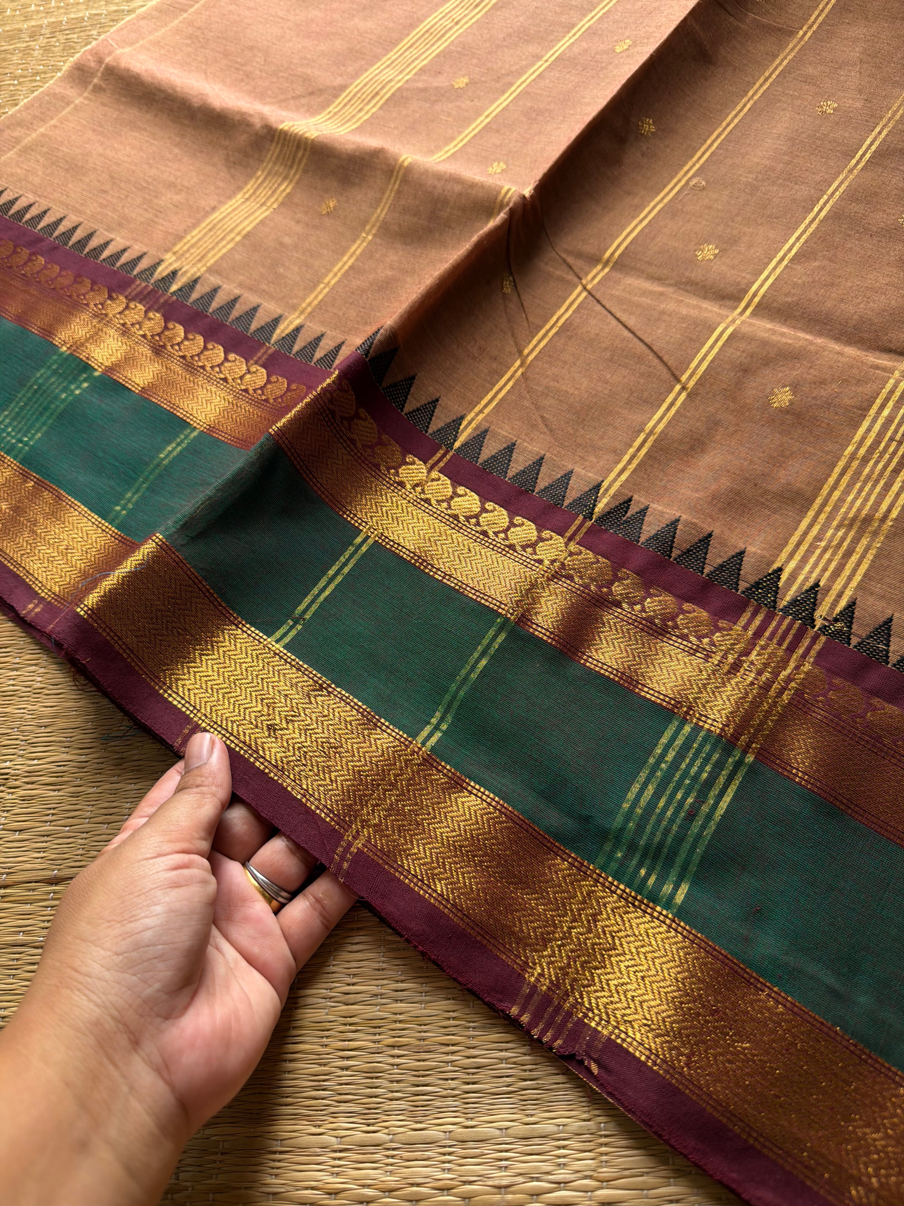 RF901 Kanchi cotton saree with handmade thread buttas ~ Biscuit shade