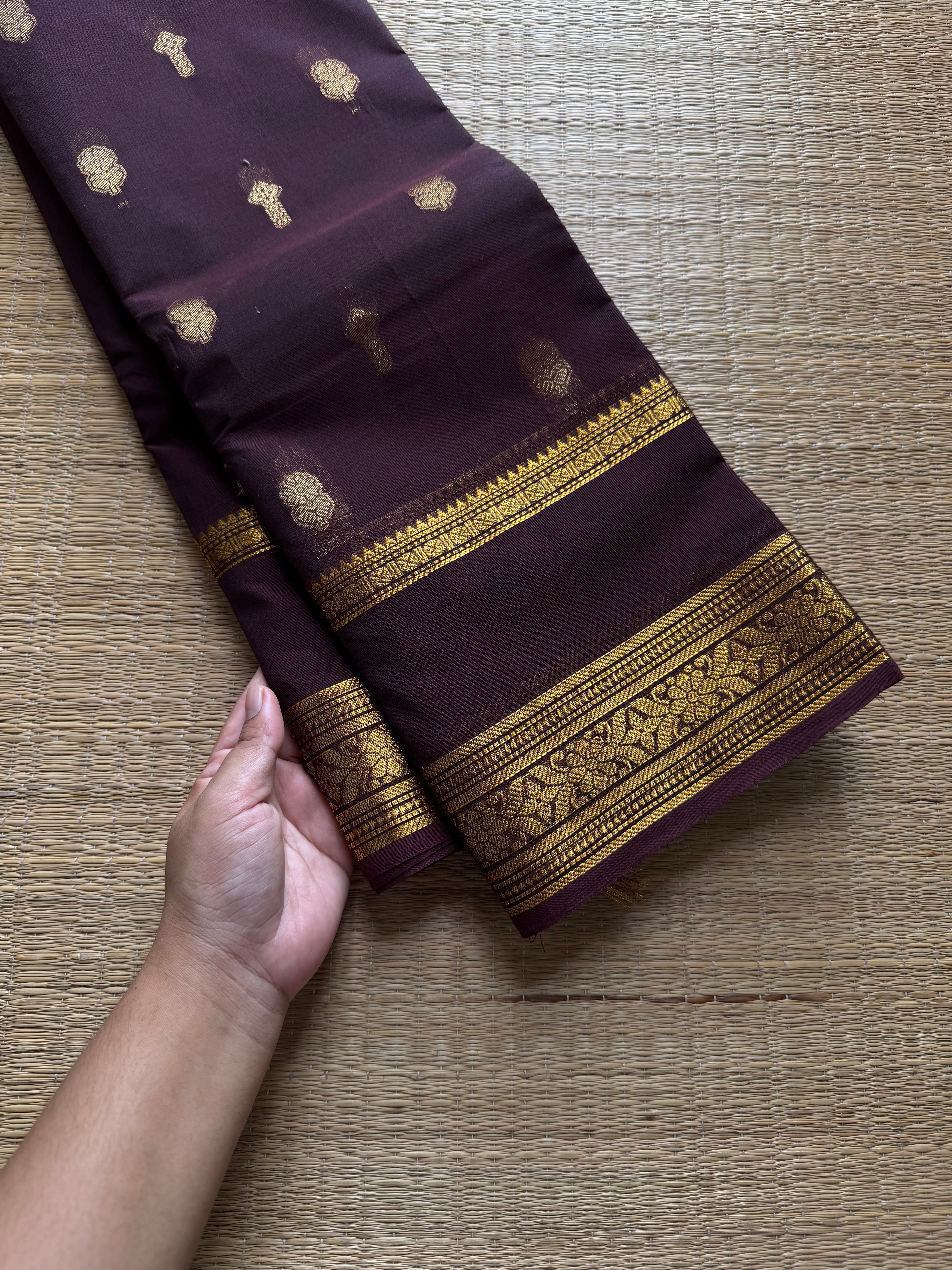 RF728 Premium Rich Pallu Kanchi Cotton Saree ~ Deep Coffee Brown with floral, Annam & Yazhi pattern Zari woven