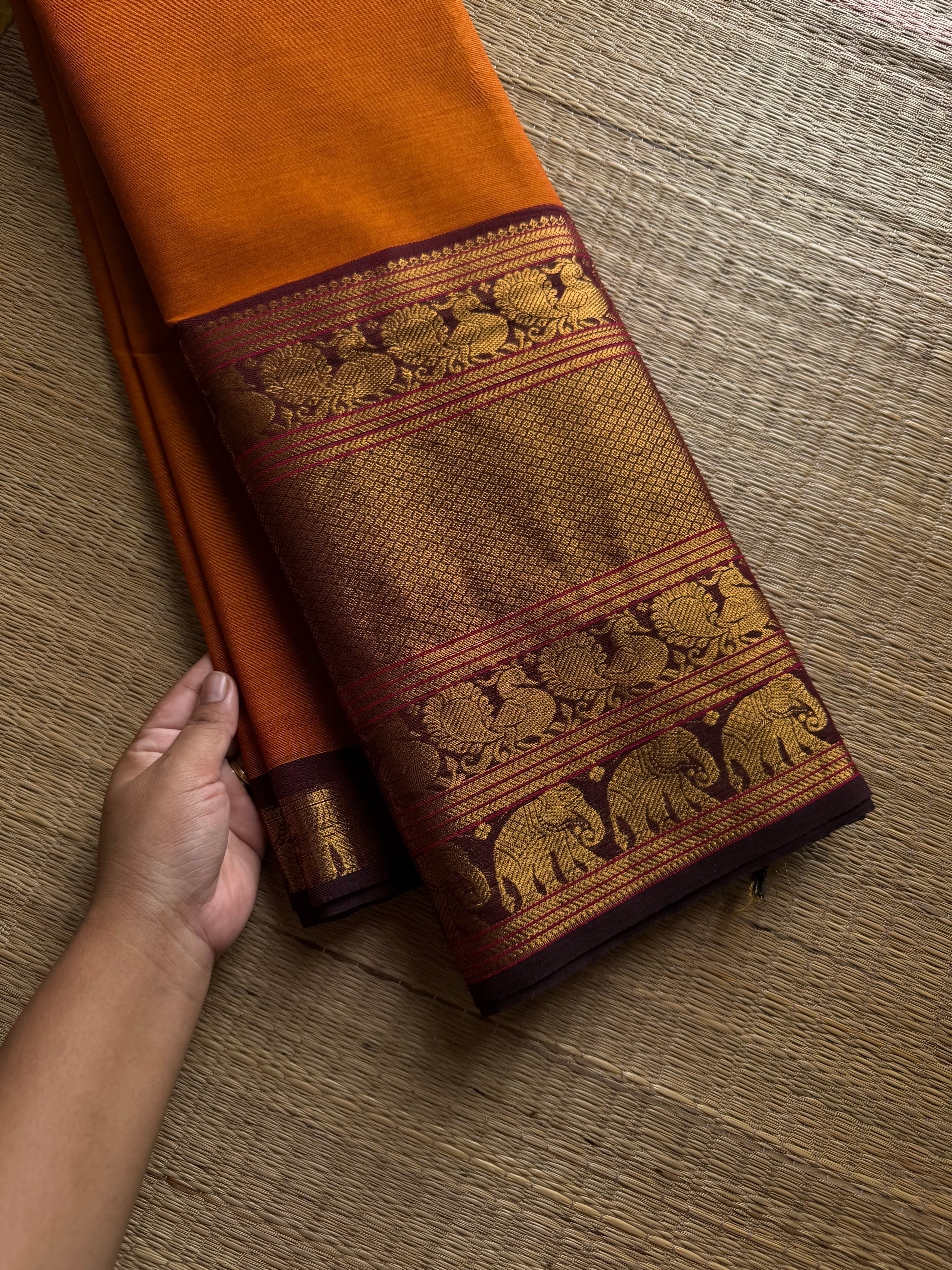RF1193 Rust orange with brown ~ Long / Big border Kanchi cotton saree
