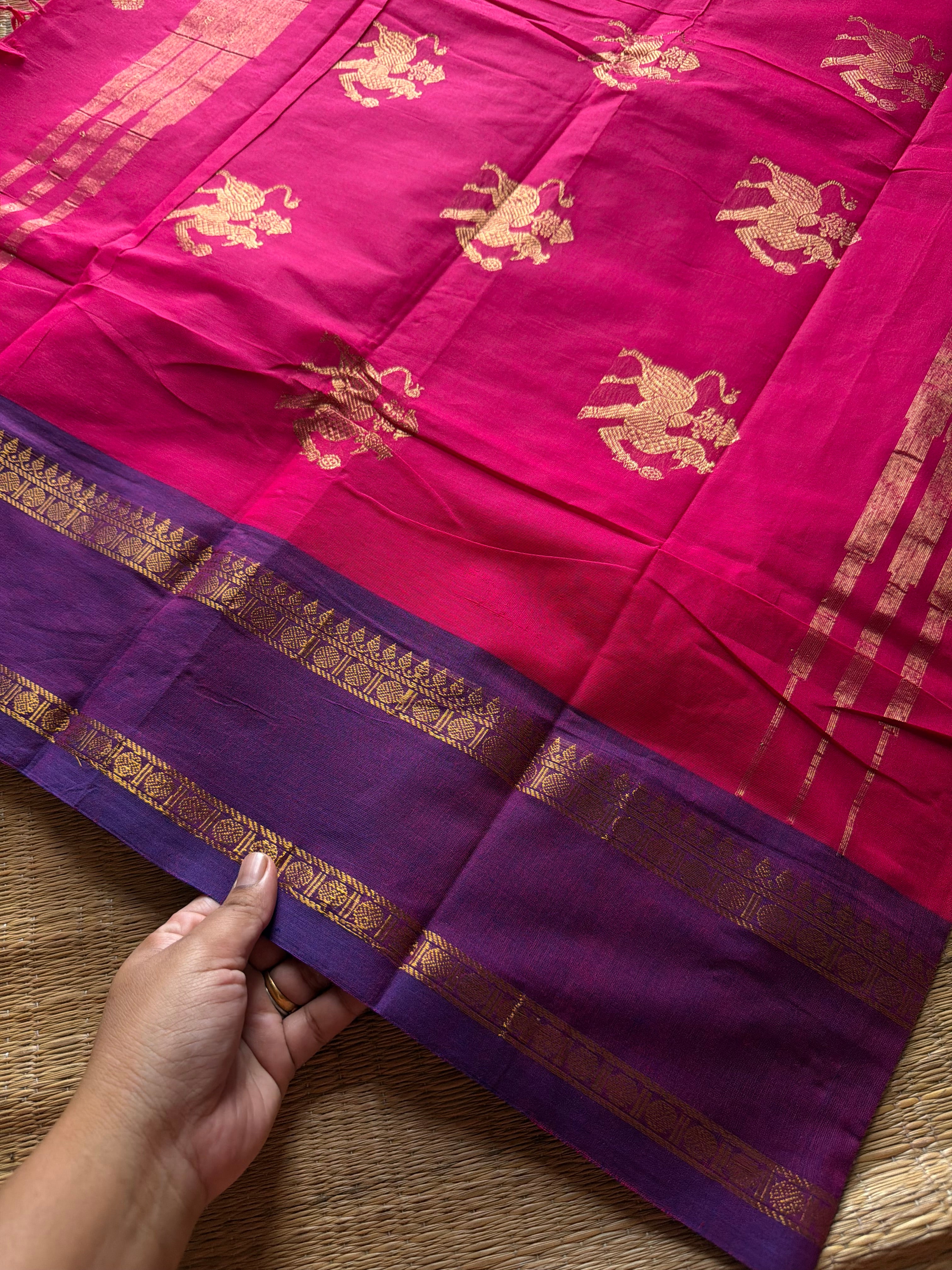 RF1378 Premium 120 count Rich Pallu Kanchi cotton saree with traditional gap border & yazhi pattern buttas ~ Dark Pink