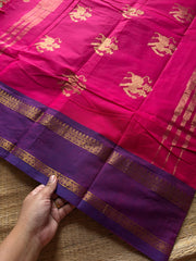 RF1378 Premium 120 count Rich Pallu Kanchi cotton saree with traditional gap border & yazhi pattern buttas ~ Dark Pink