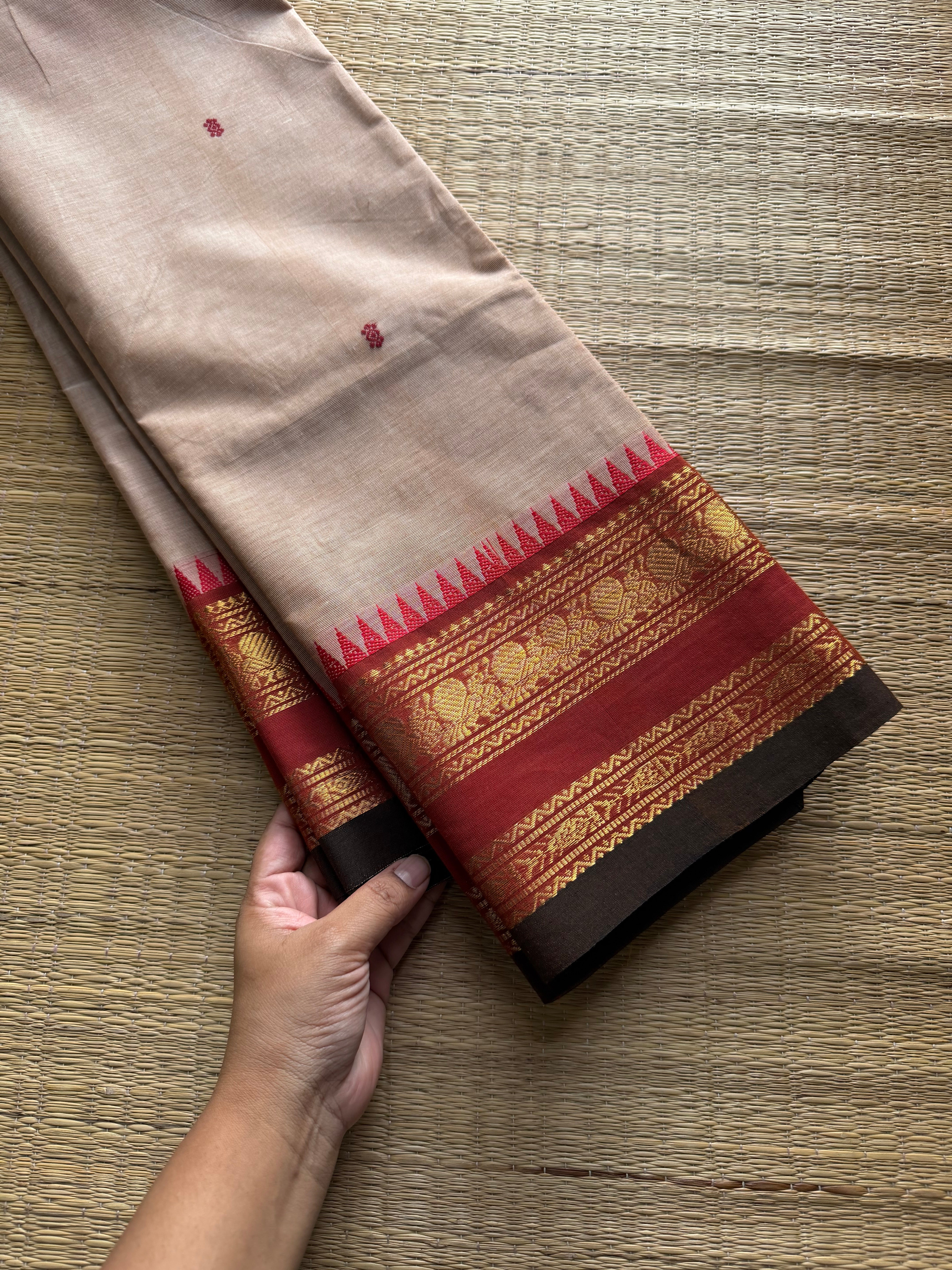 RF862 Beige shade Kanchi cotton saree with handmade thread buttas