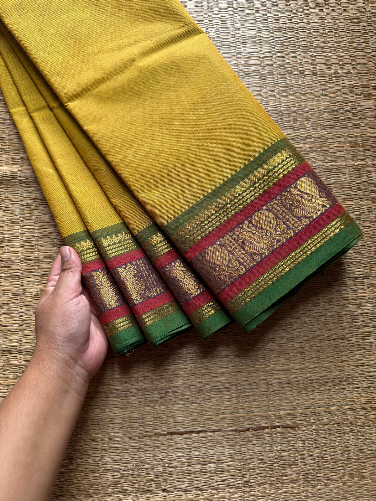 RF688 Lemon yellow with green ~ Silk Saree Inspired Kanchi Cotton saree