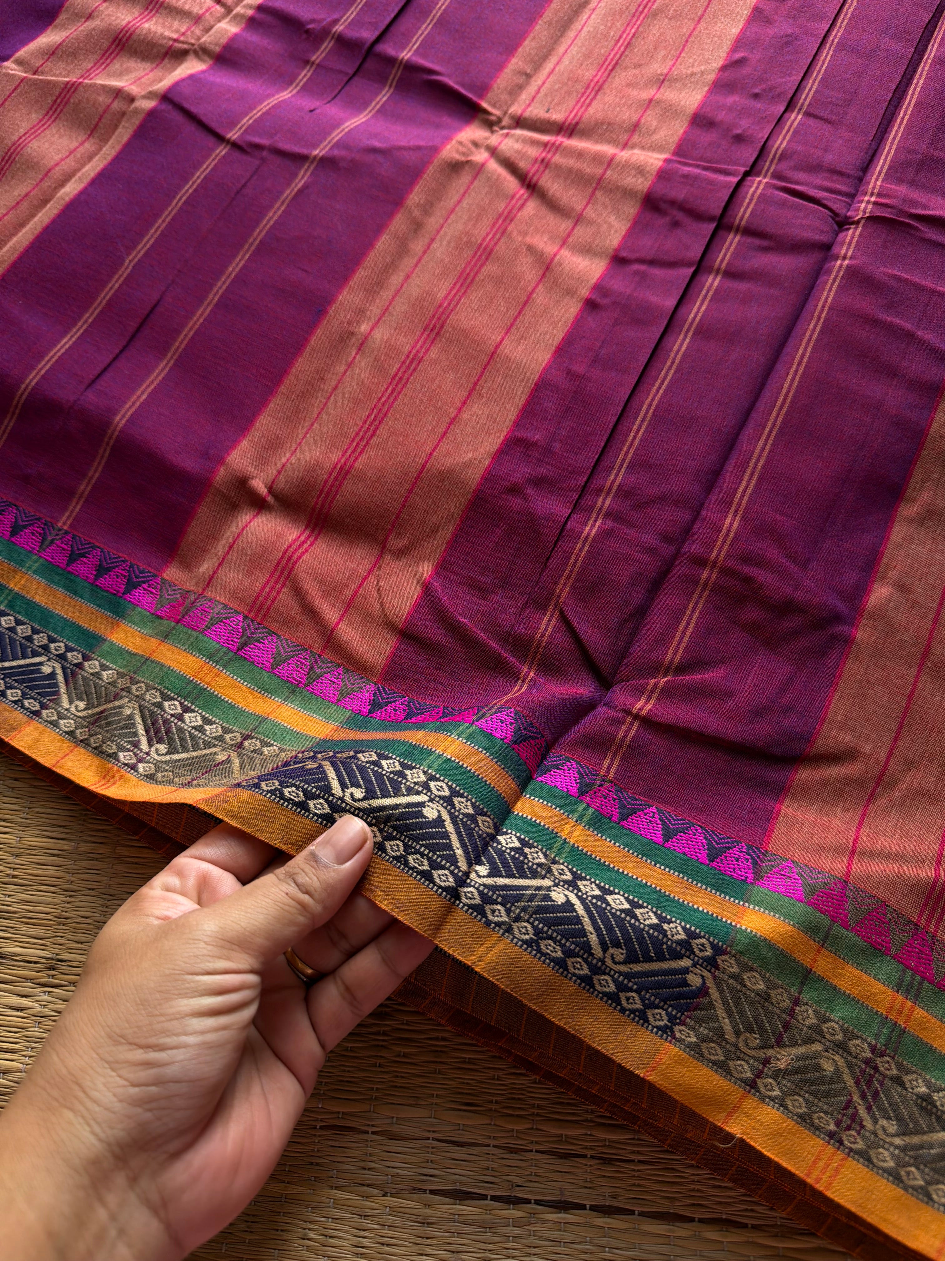 RF1314 Magenta pink shade ~ Narayanpet Mercerised soft cotton saree with stripped pattern