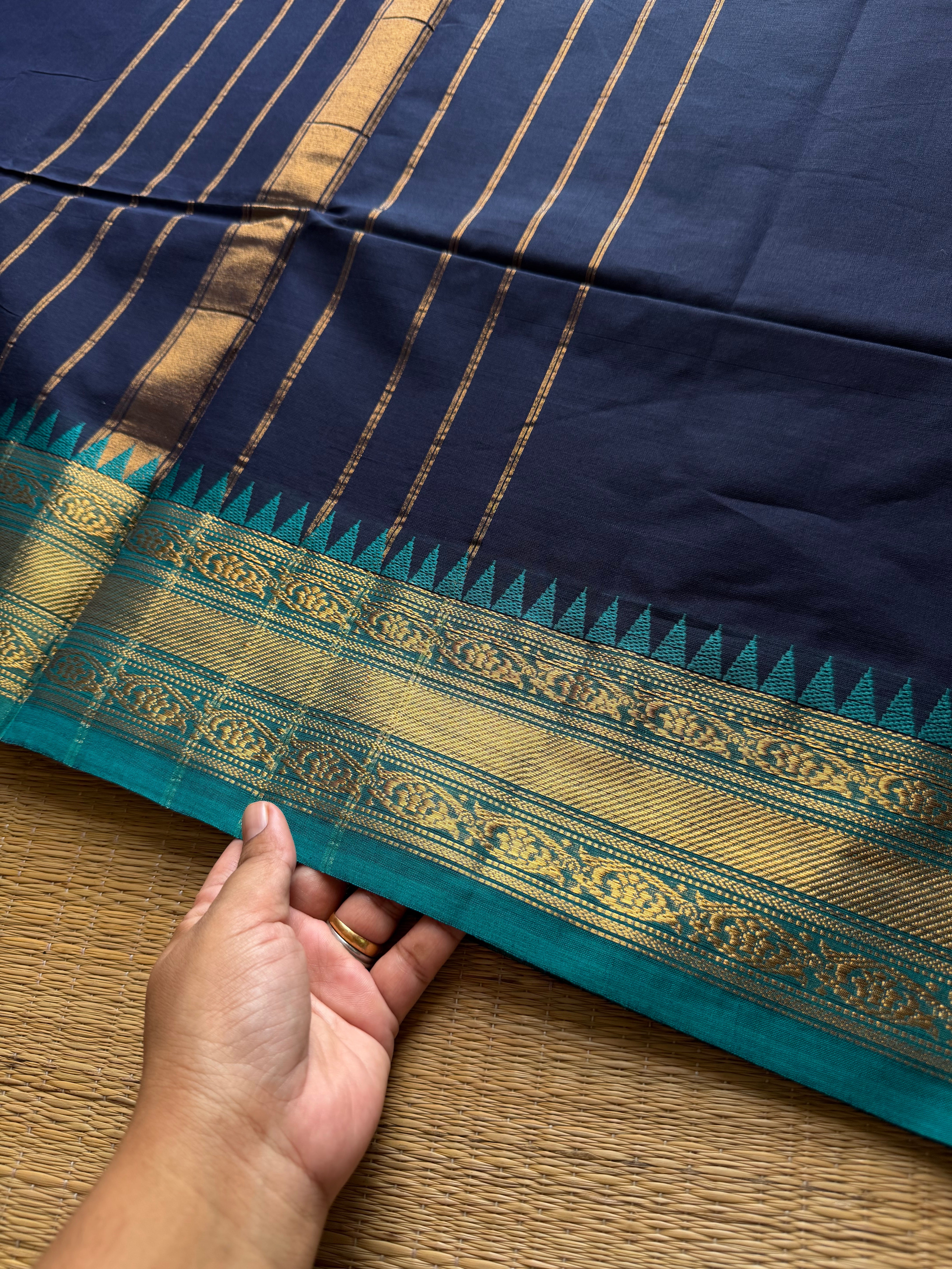 RF707 Navy blue with teal blue  ~ Medium Size Border Kanchi Cotton Saree