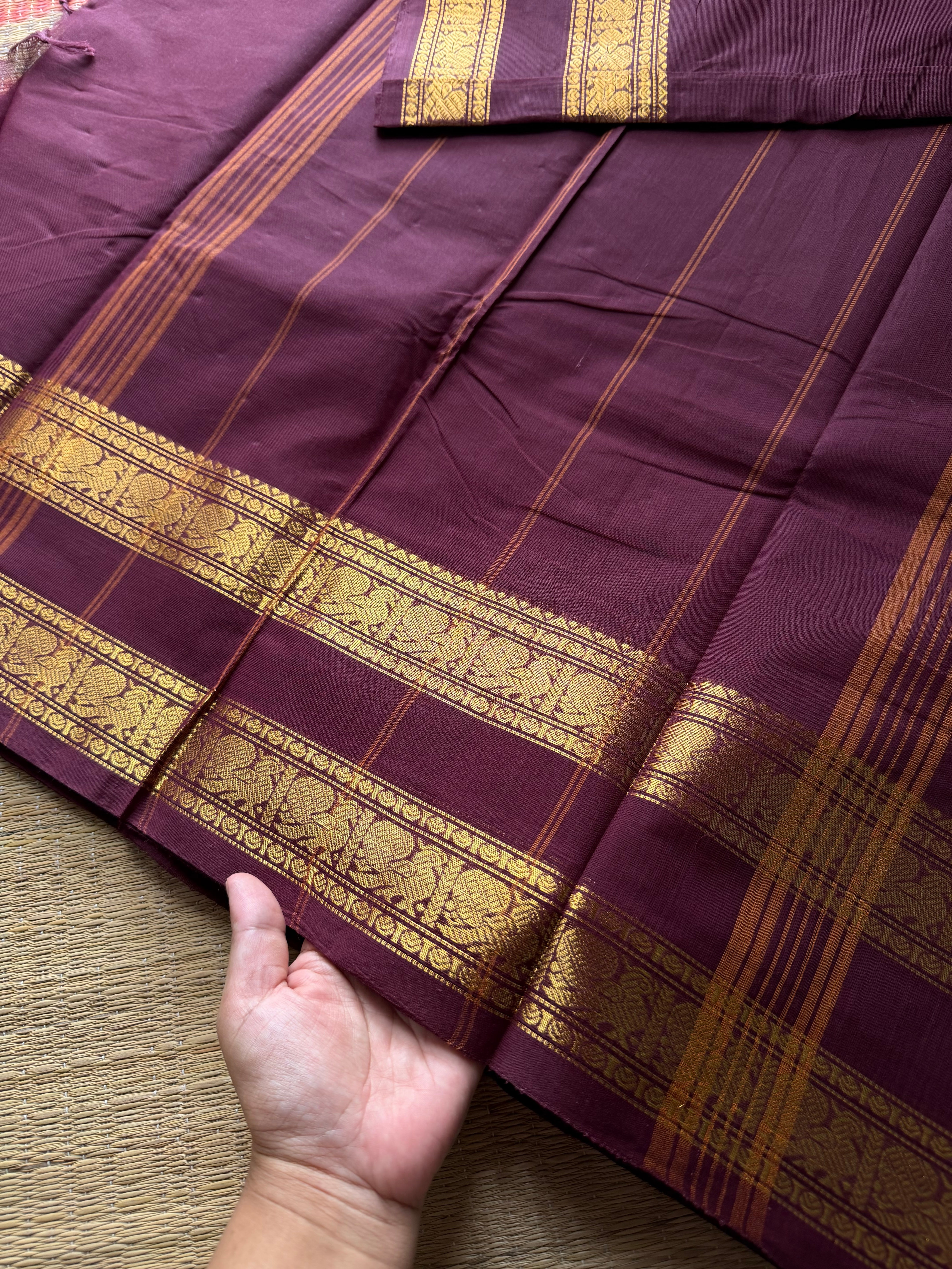 RF502 Deep maroon Kanchi cotton saree with Rettapet Annam pattern border
