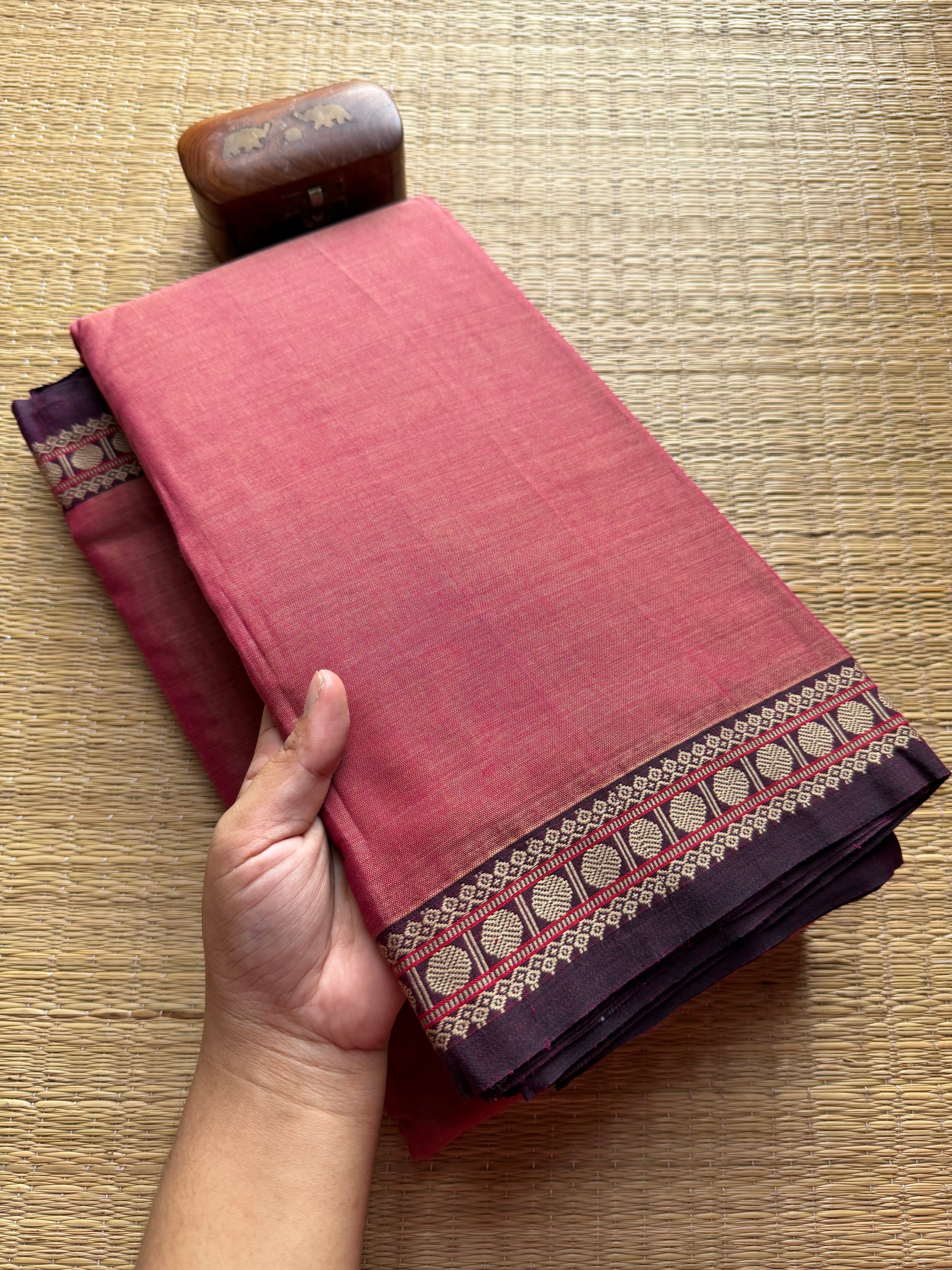 Onion Pink Mercerised Narayanpet Cotton Saree With Small Border