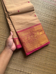 RF1194 Beige with pink Kanchi cotton saree with handmade thread buttas