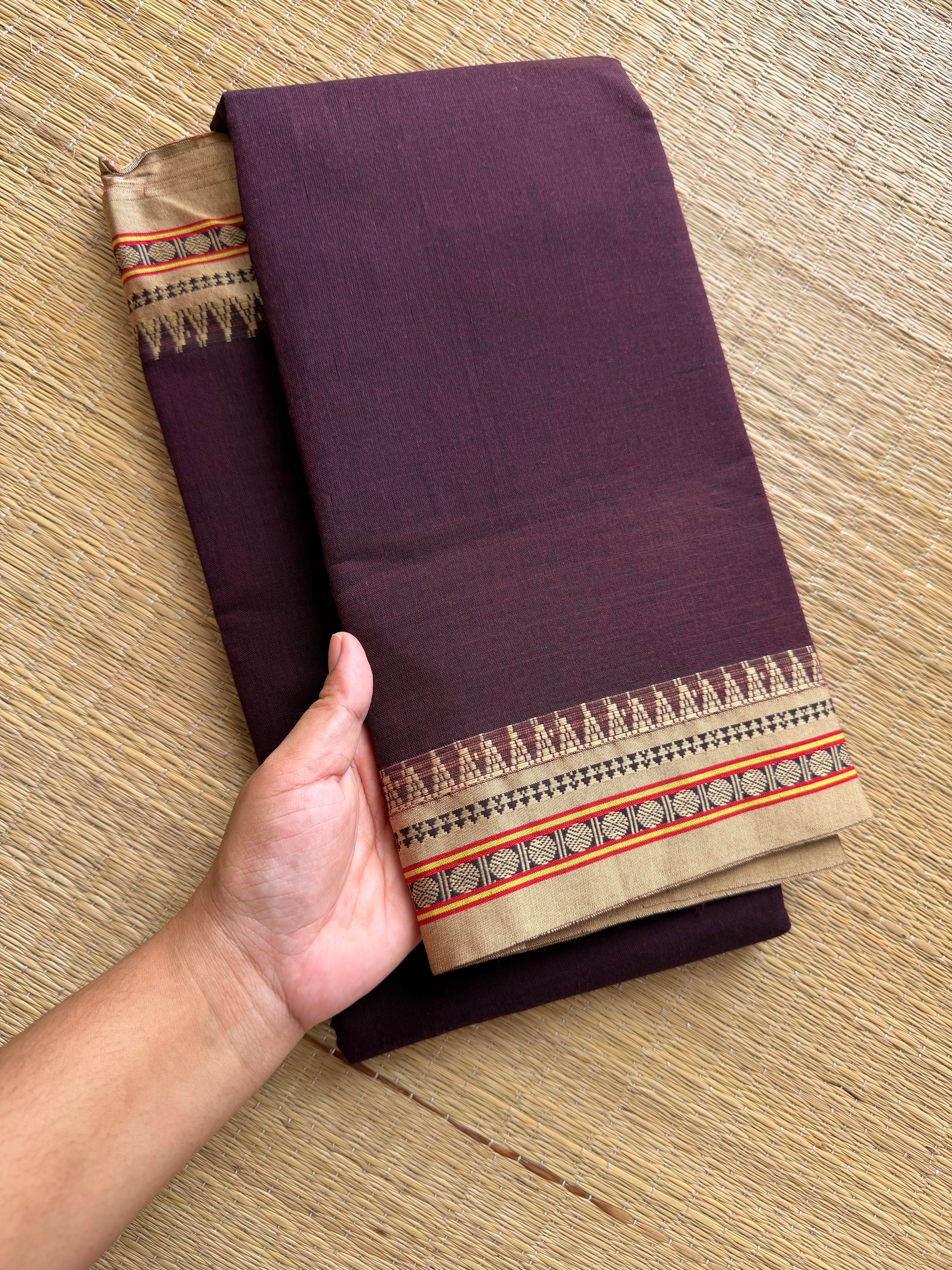 RF232 Brown Narayanpet cotton saree with small contrast border