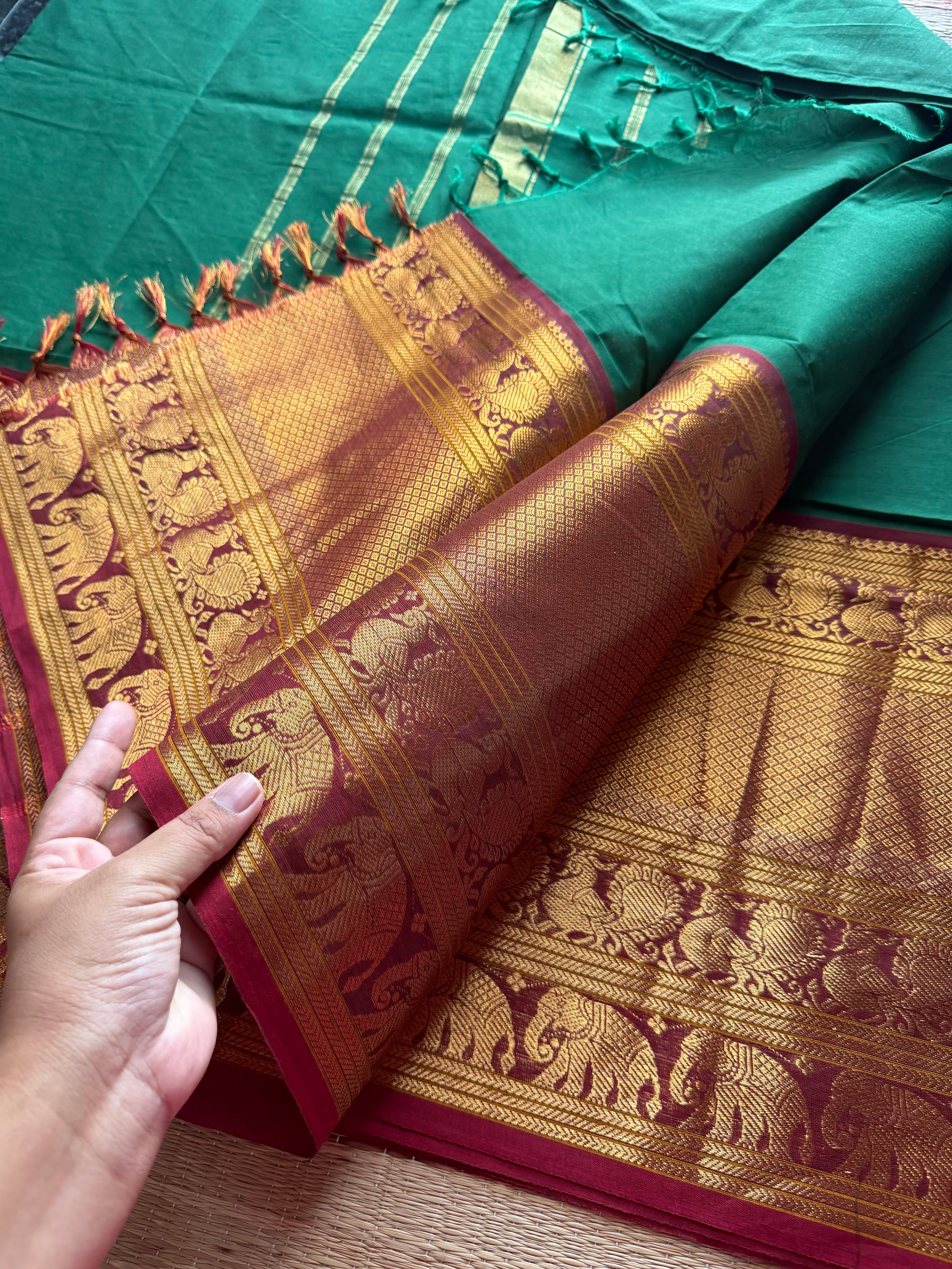 RF235 Green with maroon combination Kanchi cotton saree with big zari border