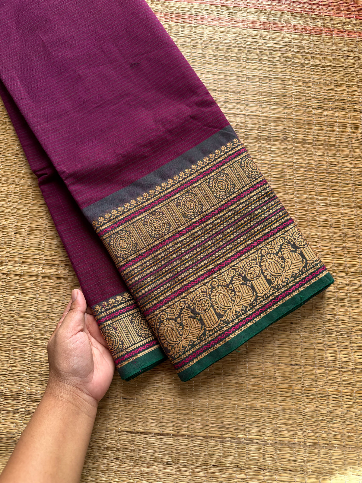 RF440 Magenta with green combination Premium & Soft Kanchi Cotton Saree with intricate horizontal stripped lines