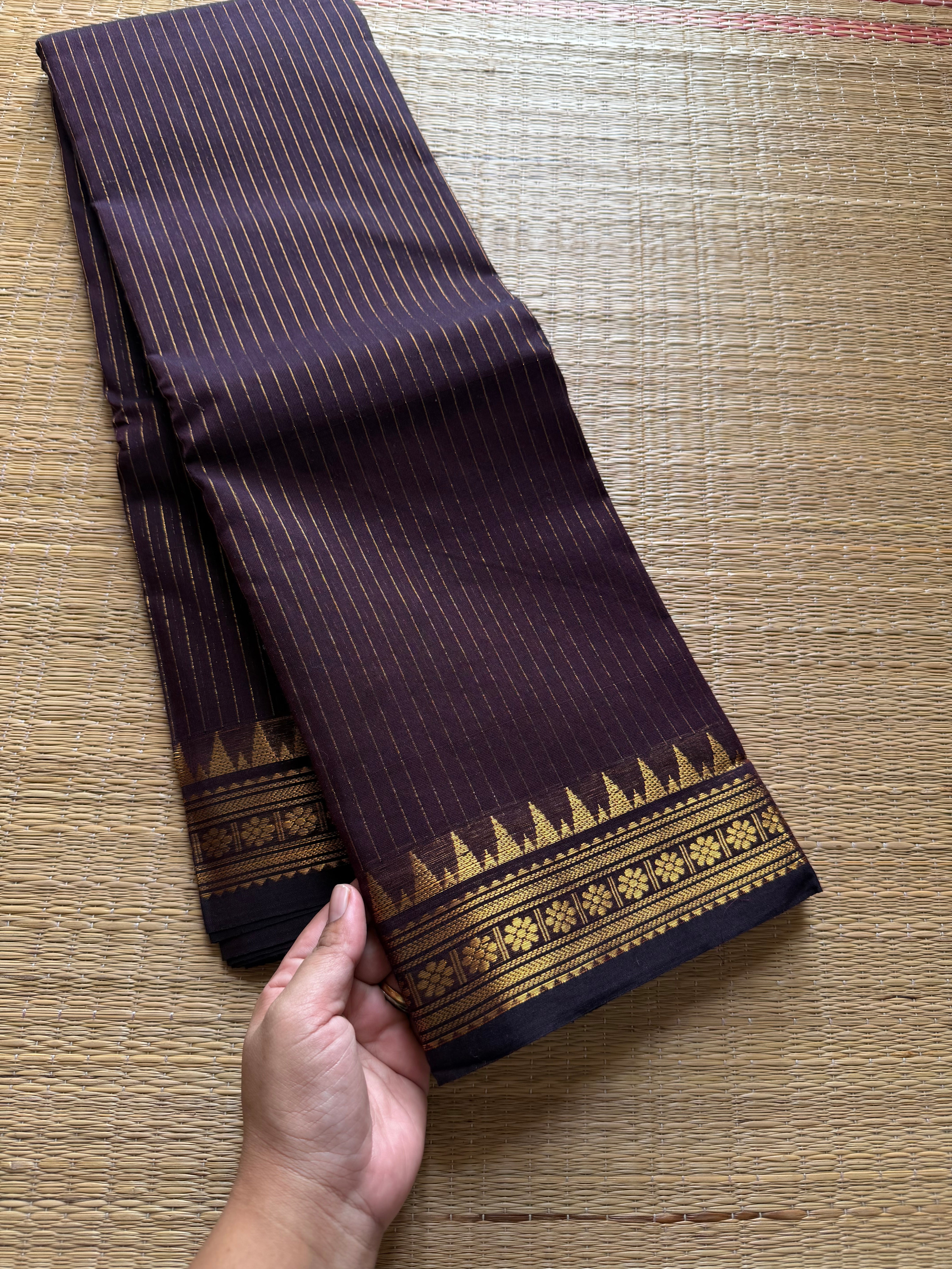 RF481 Monotone Coffee brown shade Kanchi cotton saree with silk saree inspired fully Vaira Oosi pattern and small golden Zari border