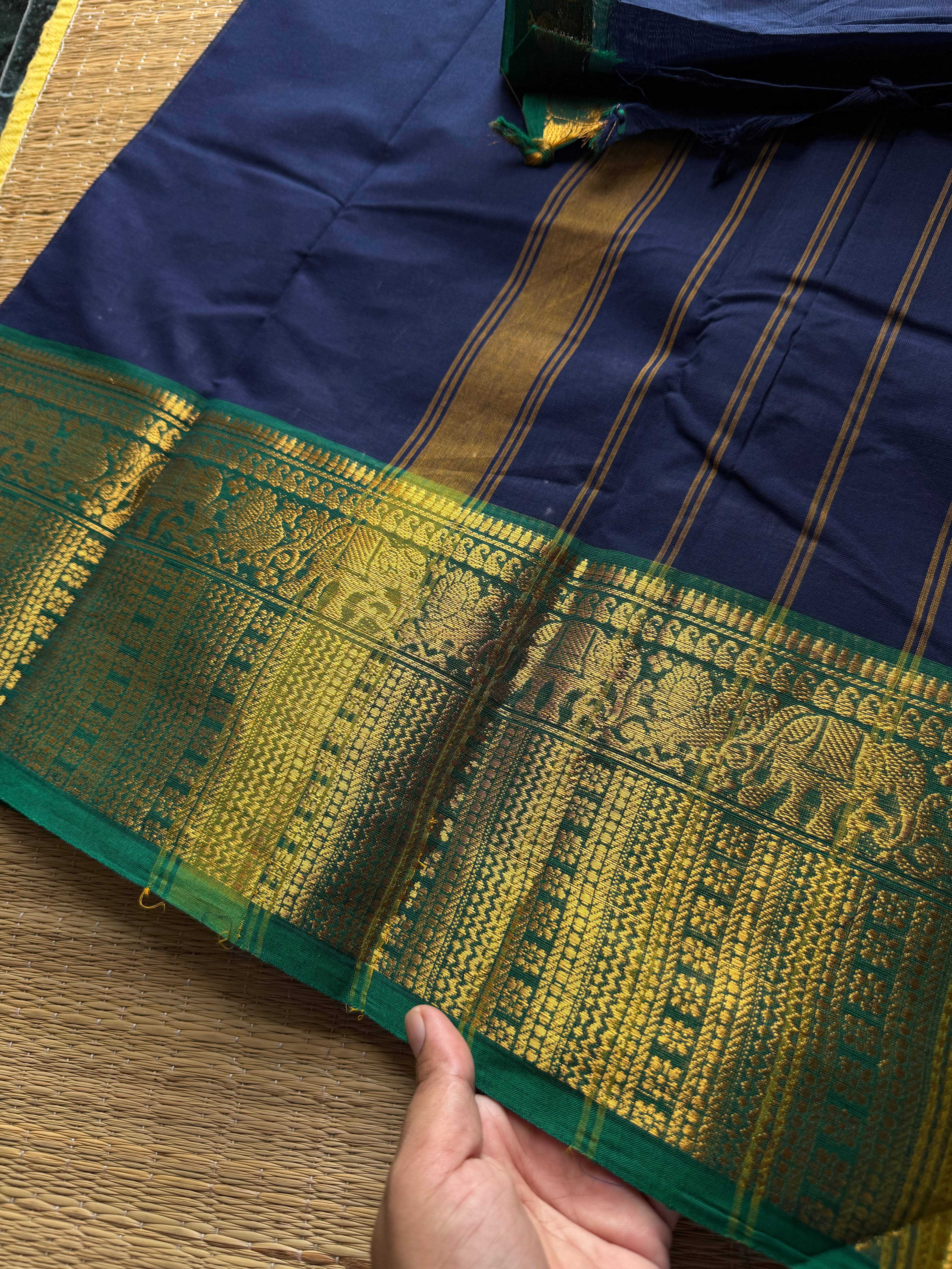 RF760 Navy blue with green combination Kanchi cotton saree with elephant & Annam pattern