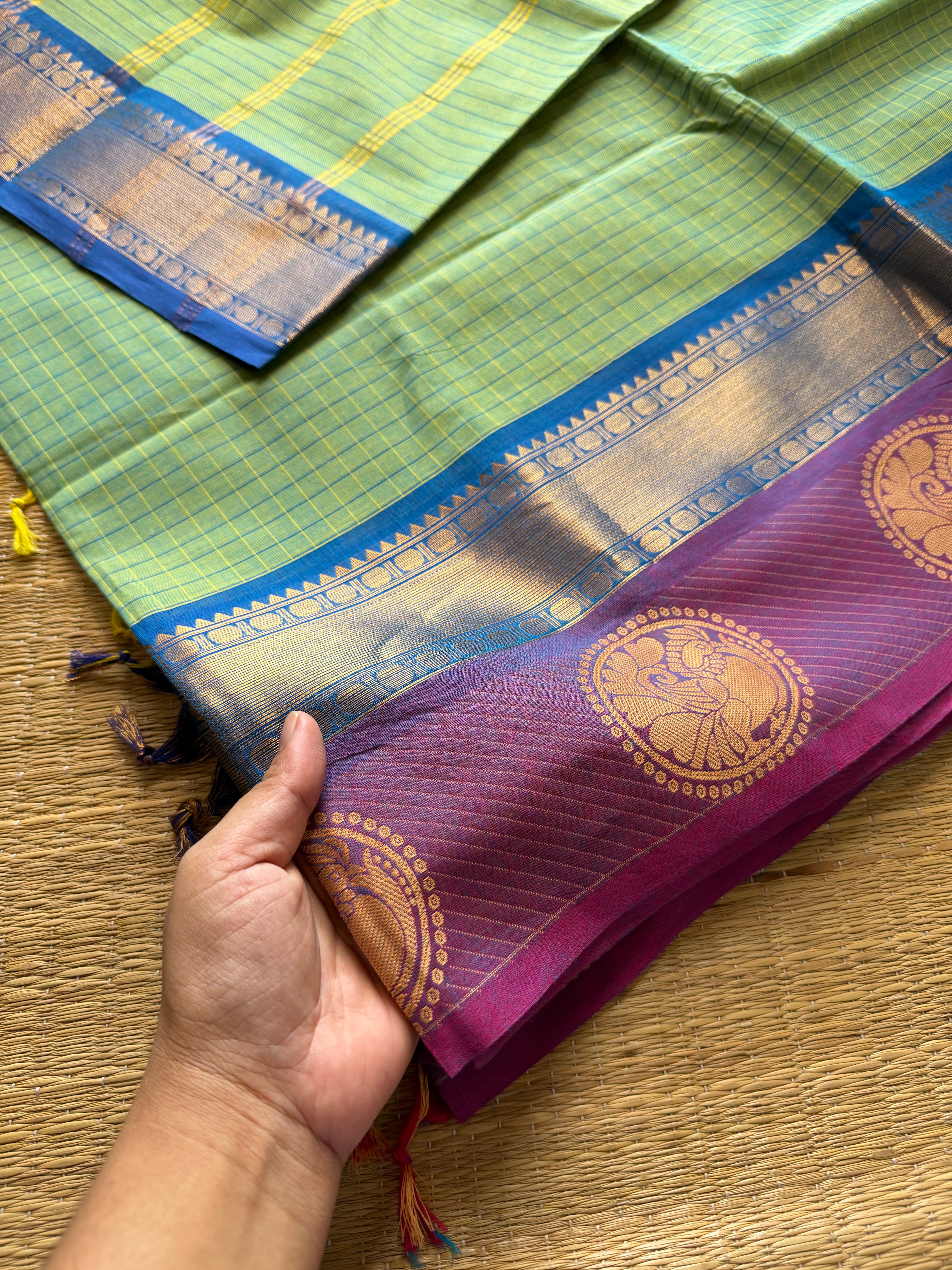 RF329 Dual tone turquoise green shade Kattam / checks pattern Kanchi cotton saree with contrast zari & thread woven border