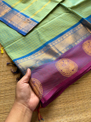 RF329 Dual tone turquoise green shade Kattam / checks pattern Kanchi cotton saree with contrast zari & thread woven border