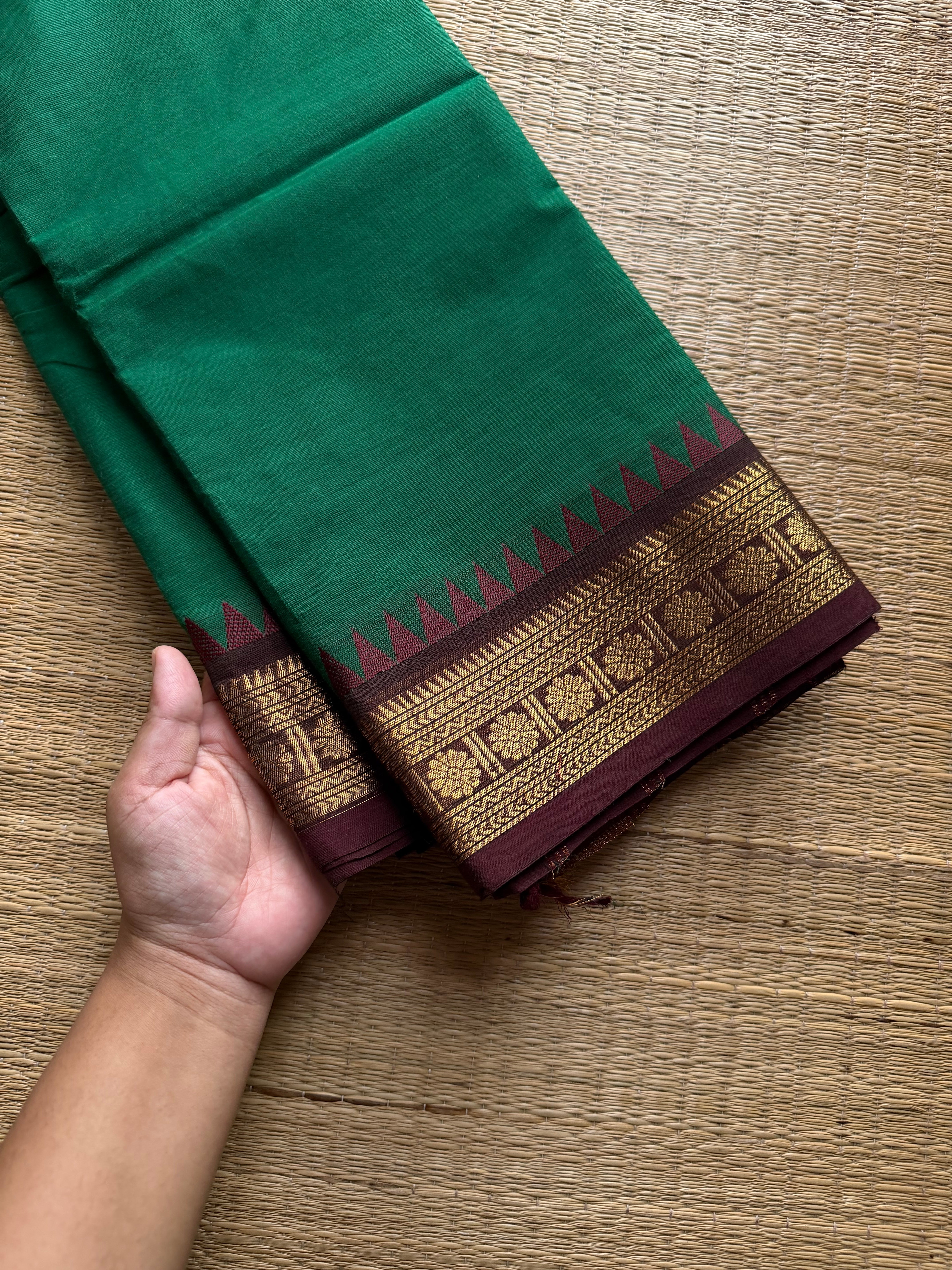 RF1205 Small border Kanchi cotton saree ~ green with brown