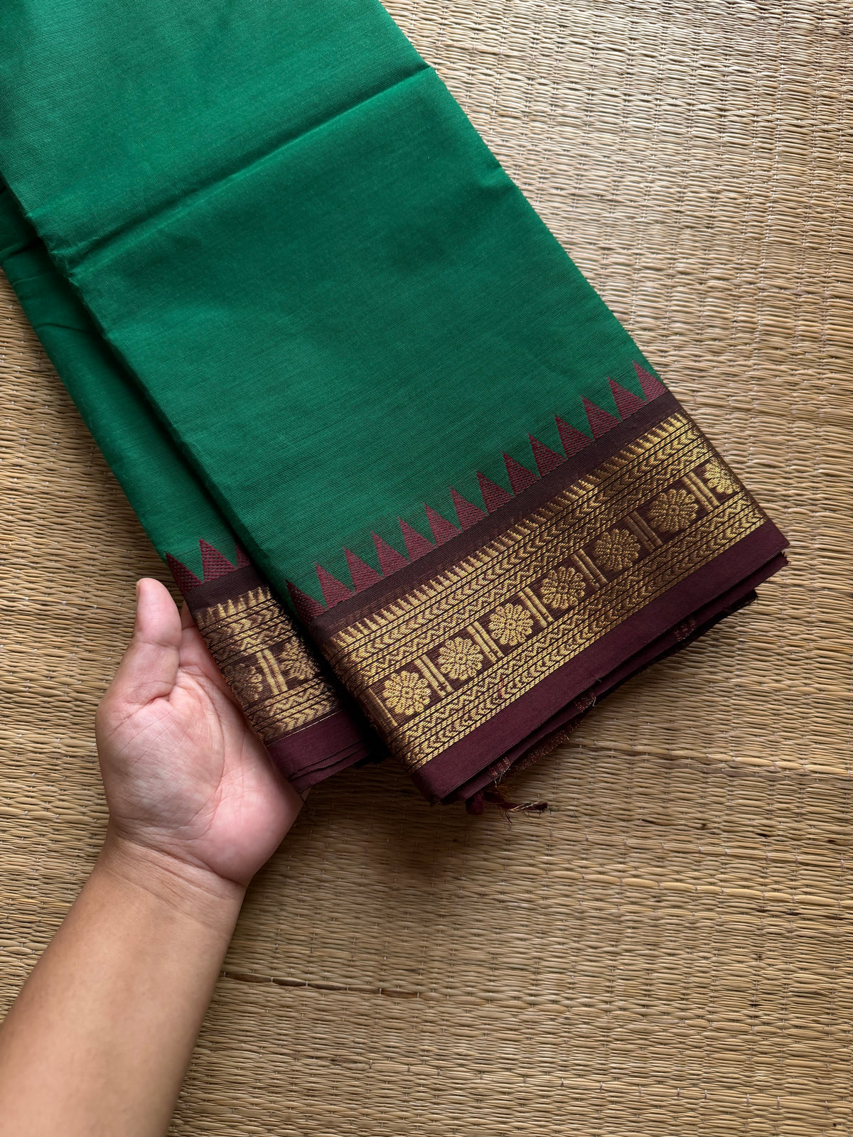RF1205 Small border Kanchi cotton saree ~ green with brown