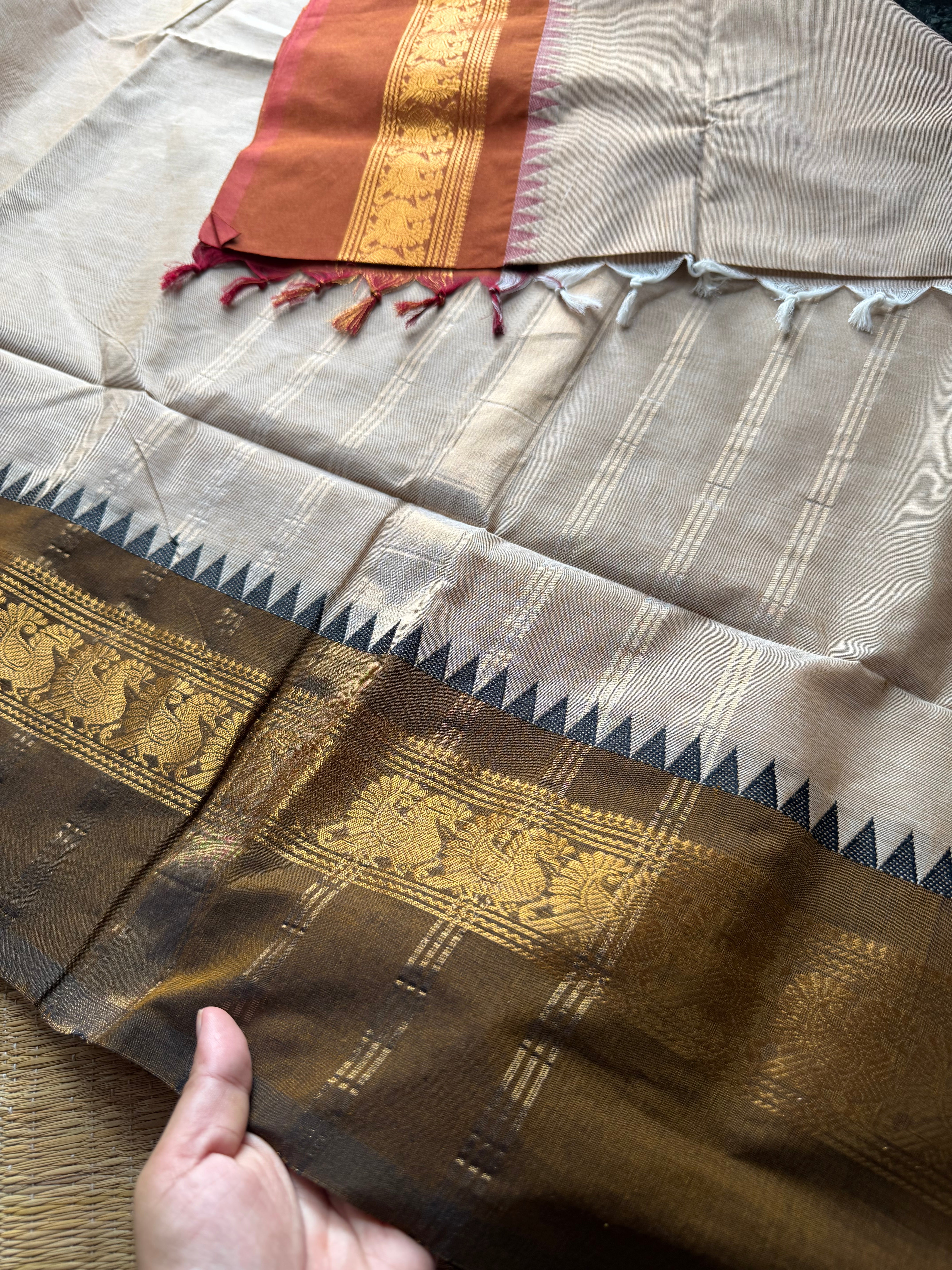 Cream shade Kanchi cotton saree with Ganga Jamuna border