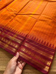 RF323 Orange with maroon combination Kanchi cotton saree with vertical striped pattern & mango Zari border