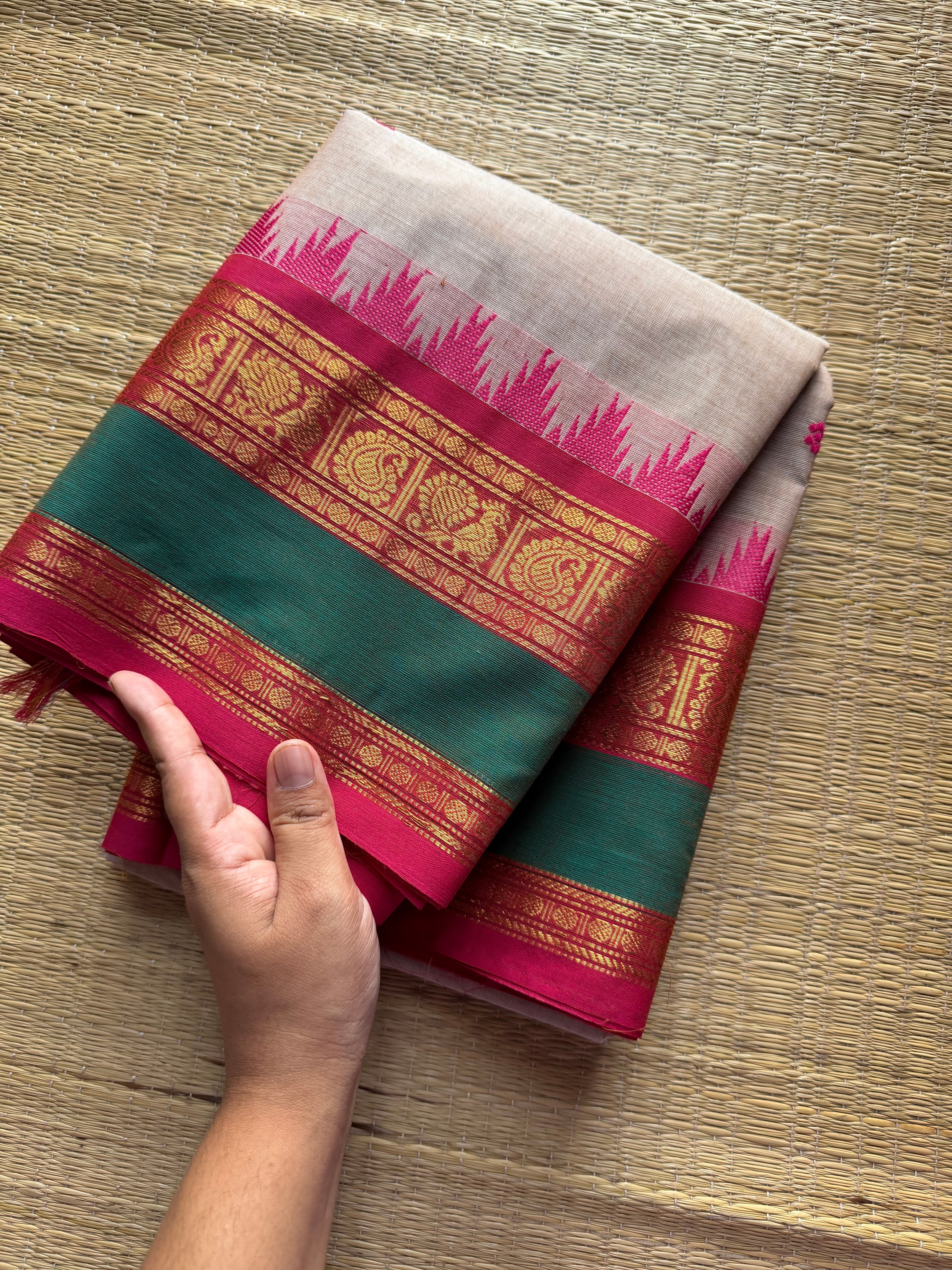 RF216 Cream with pink combination Kanchi cottton saree with rettapet Thazhampoo pattern border and handmade thread buttas