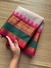 RF216 Cream with pink combination Kanchi cottton saree with rettapet Thazhampoo pattern border and handmade thread buttas