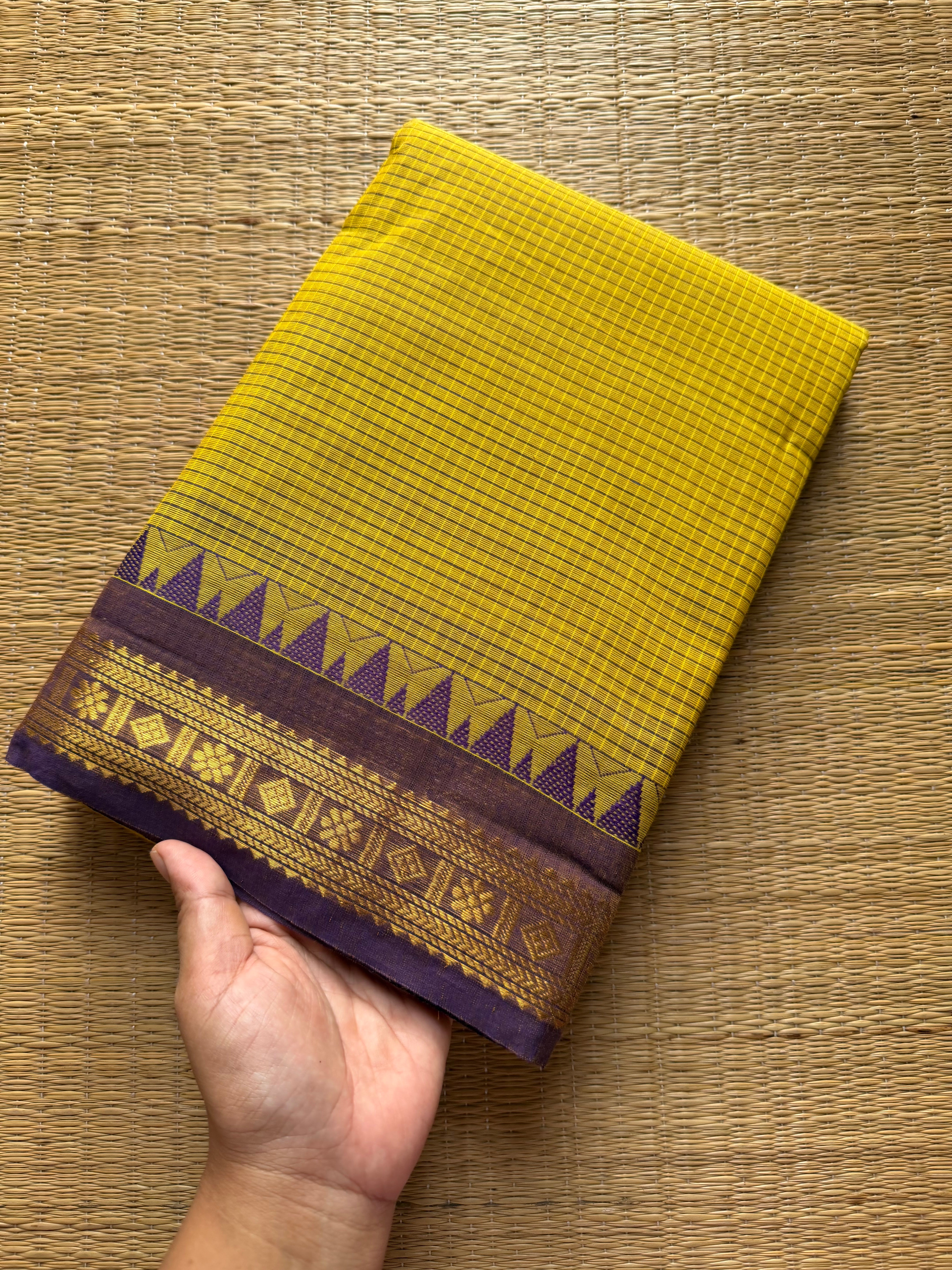 RF108 Premium small border vintage  Podikattam Kanchi cotton saree with Mustard Yellow and light purple shade