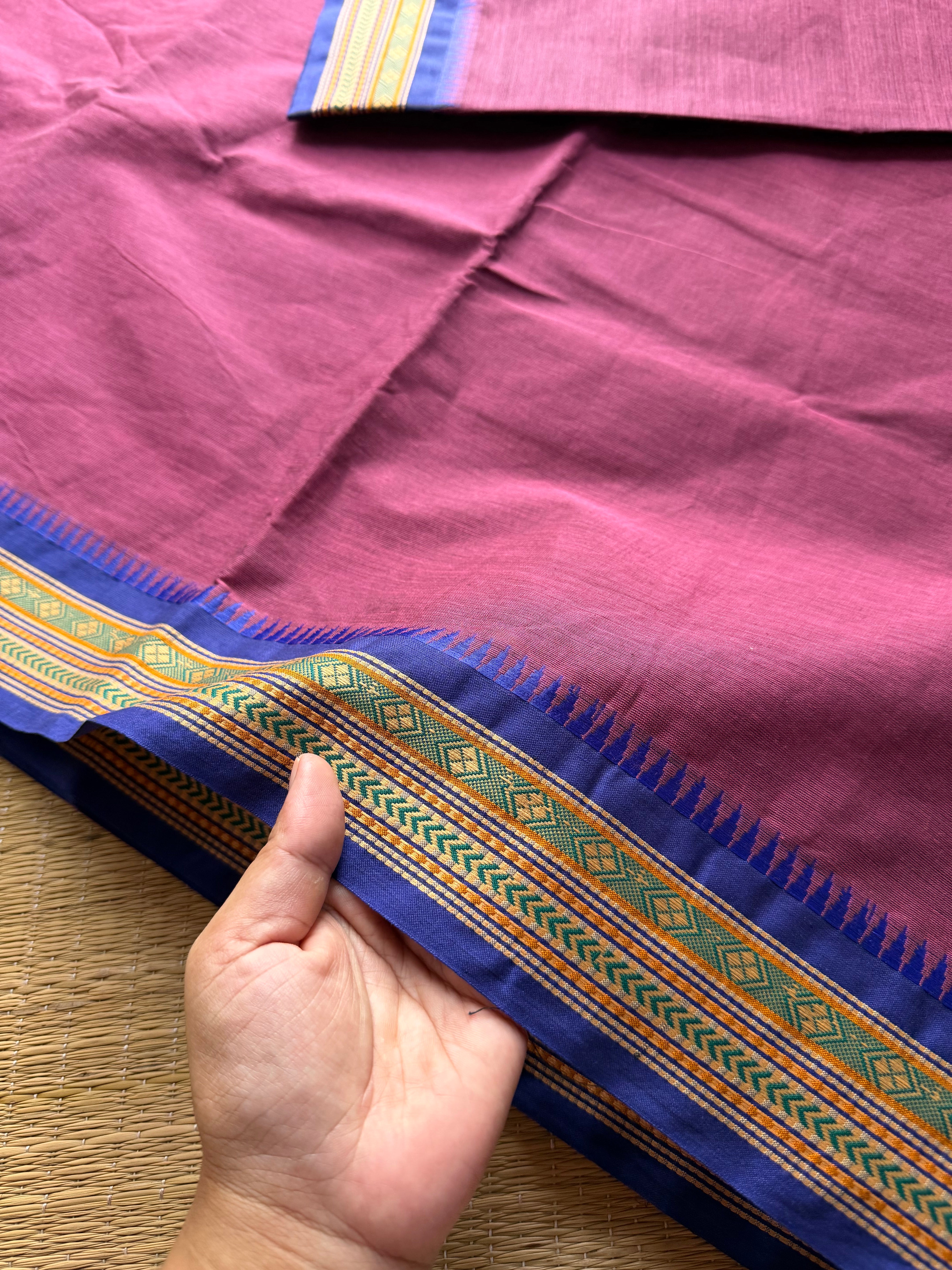 RF301 Dual tone plum pink shade Kanchi cotton saree with elegant royal blue combination thread border
