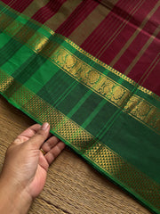 RF1159 Reddish maroon with green ~ Gap border Kanchi cotton saree
