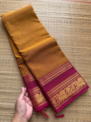 RF356 Mustard shade with pink combination Kanchi cotton saree with Kattam / checks pattern and unique lotus and Annam pattern Zari border
