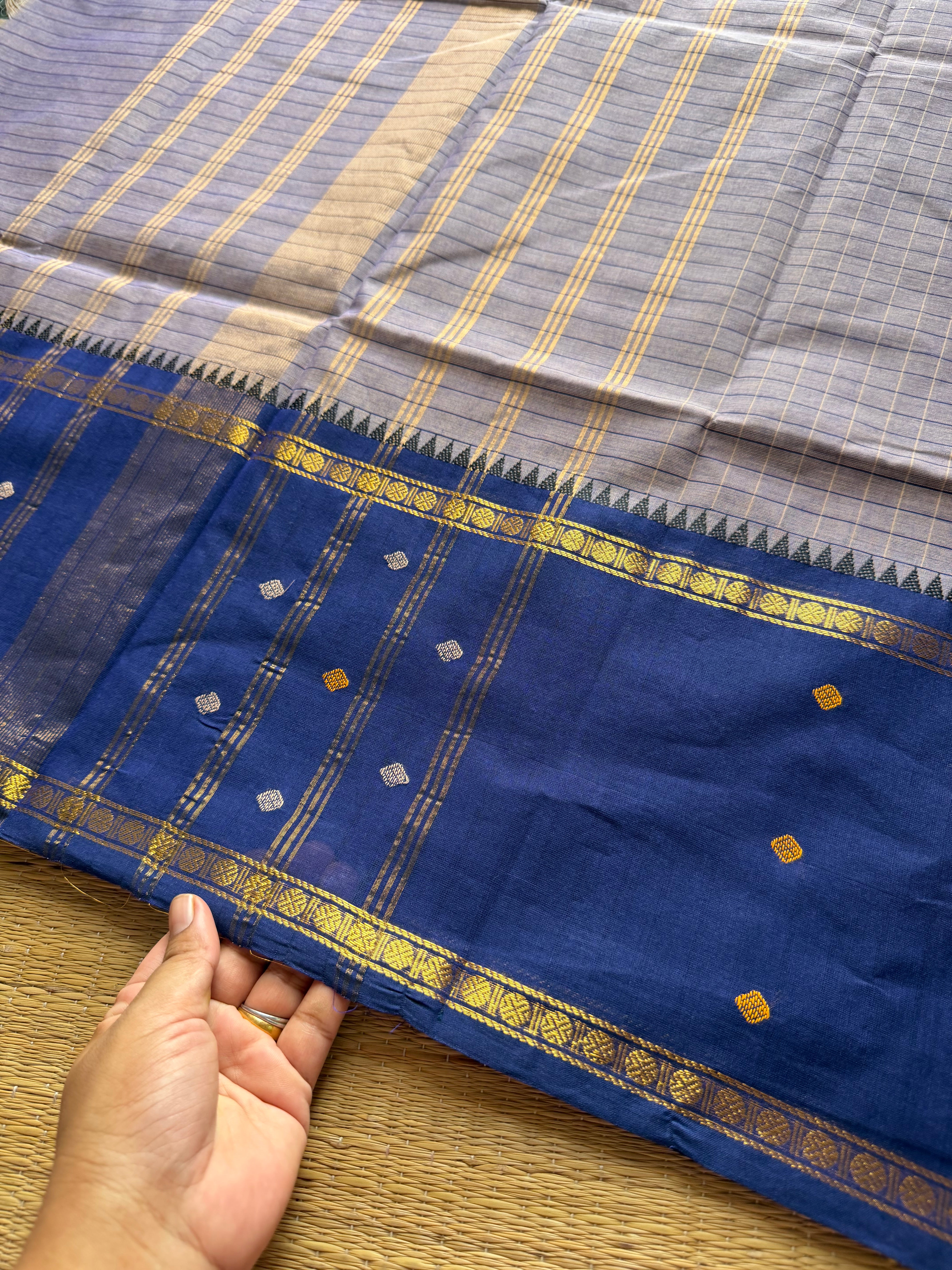 Greyish blue shade Vintage Border Kanchi Cotton Saree With kattam / checks pattern & handwoven Buttas on the border