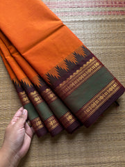RF540 Dual tone orange shade Kanchi cotton saree with contrast Thazhampoo pattern gap border