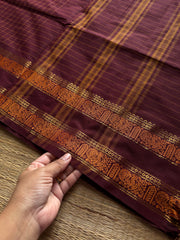 RF1252 Vintage Kattam ~ Deep Maroon shade Premium Kanchi Cotton Saree with Minimal Zari & checks pattern
