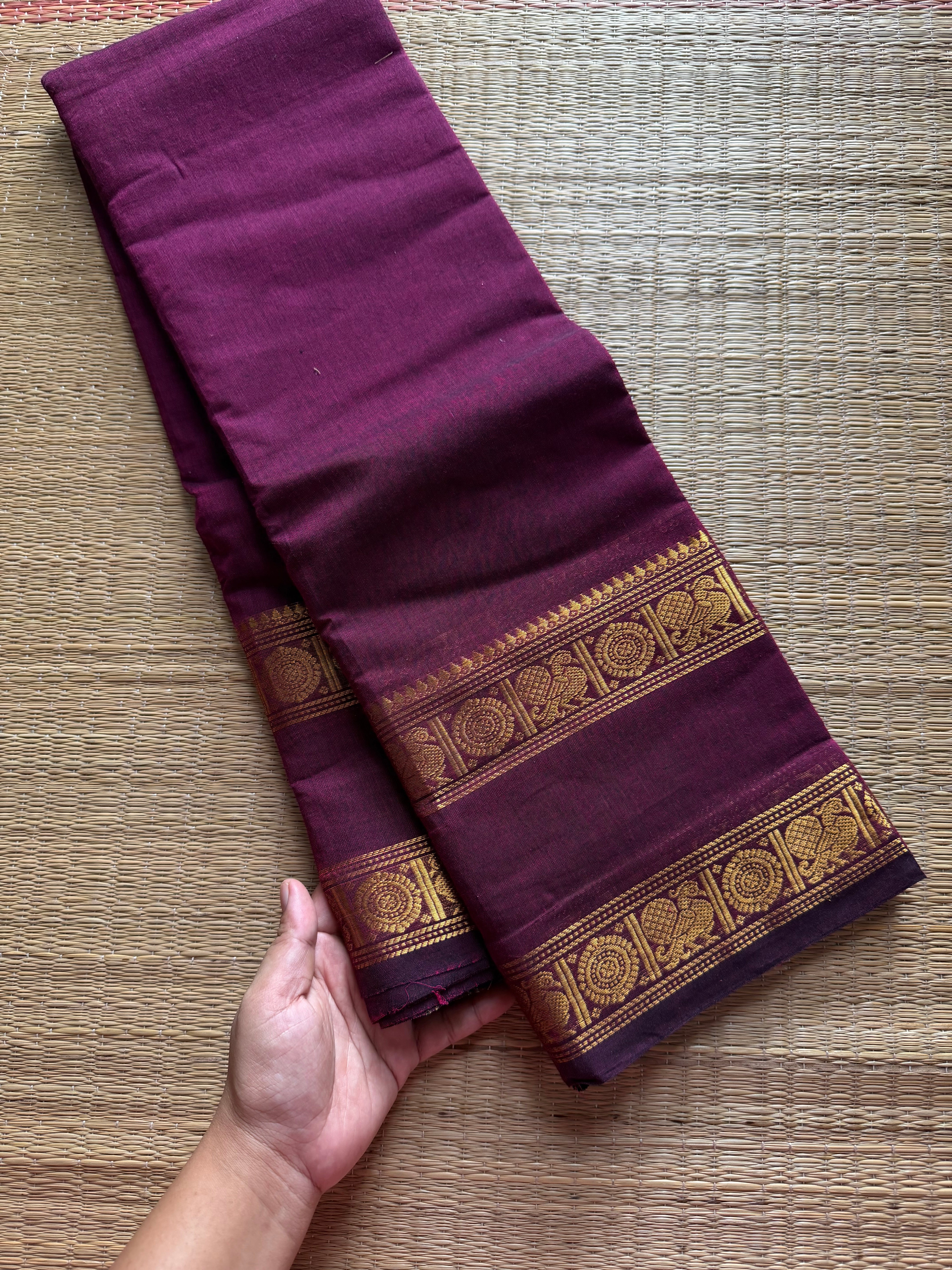 RF462 Wine shade monotone Kanchi cotton saree with Annam pattern gap / Rettapet border