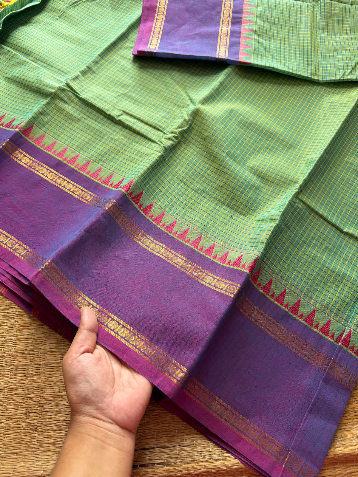 RF342 Dual tone Apple green with light purple combination vintage border Podi Kattam Kanchi cotton saree