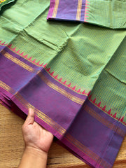 RF342 Dual tone Apple green with light purple combination vintage border Podi Kattam Kanchi cotton saree