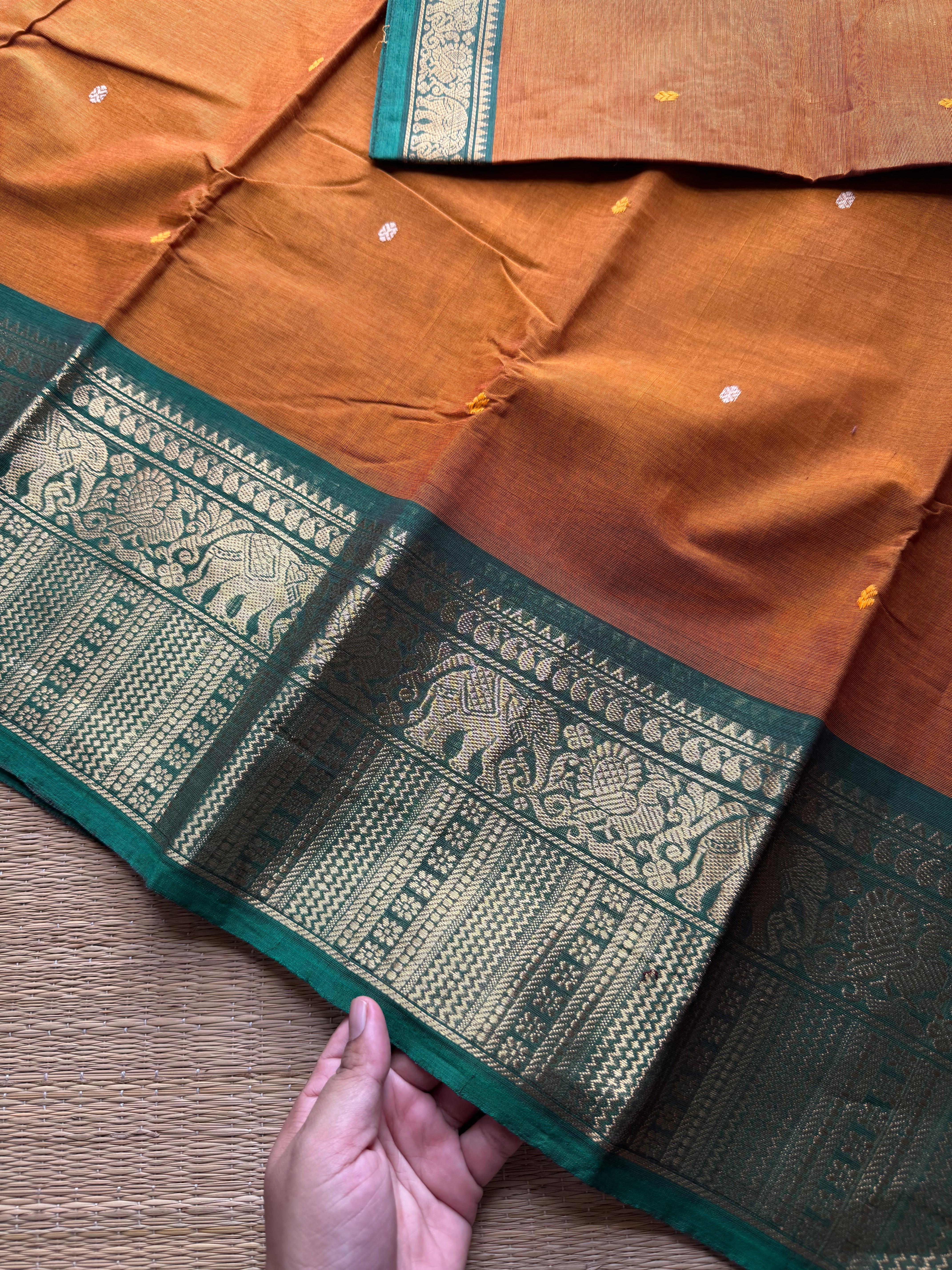 Dual tone orange with green combination Kanchi cotton saree