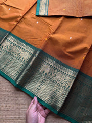 Dual tone orange with green combination Kanchi cotton saree