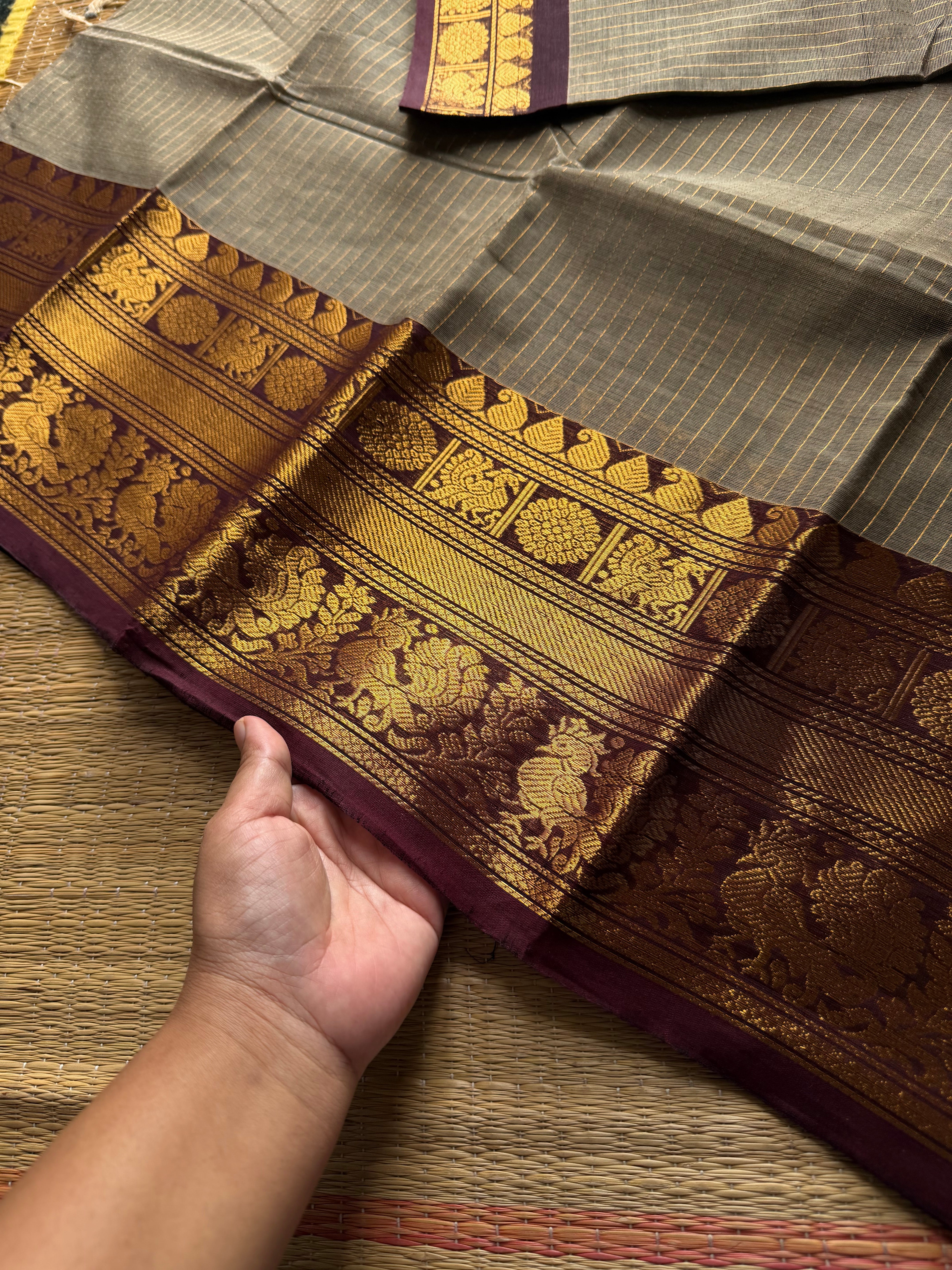 RF927 Grey with brown ~ Premium Kanchi Cotton Saree With golden Zari varia Oosi pattern