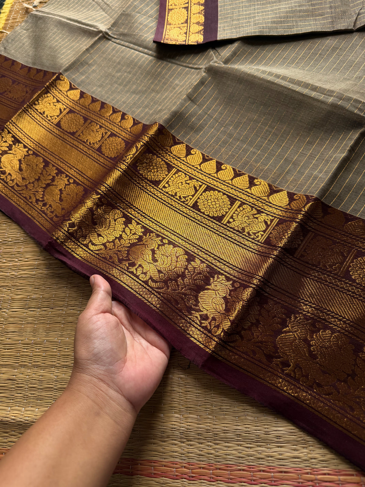 RF927 Grey with brown ~ Premium Kanchi Cotton Saree With golden Zari varia Oosi pattern