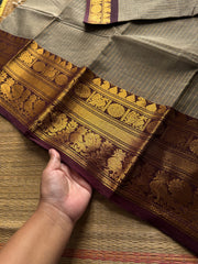 RF927 Grey with brown ~ Premium Kanchi Cotton Saree With golden Zari varia Oosi pattern